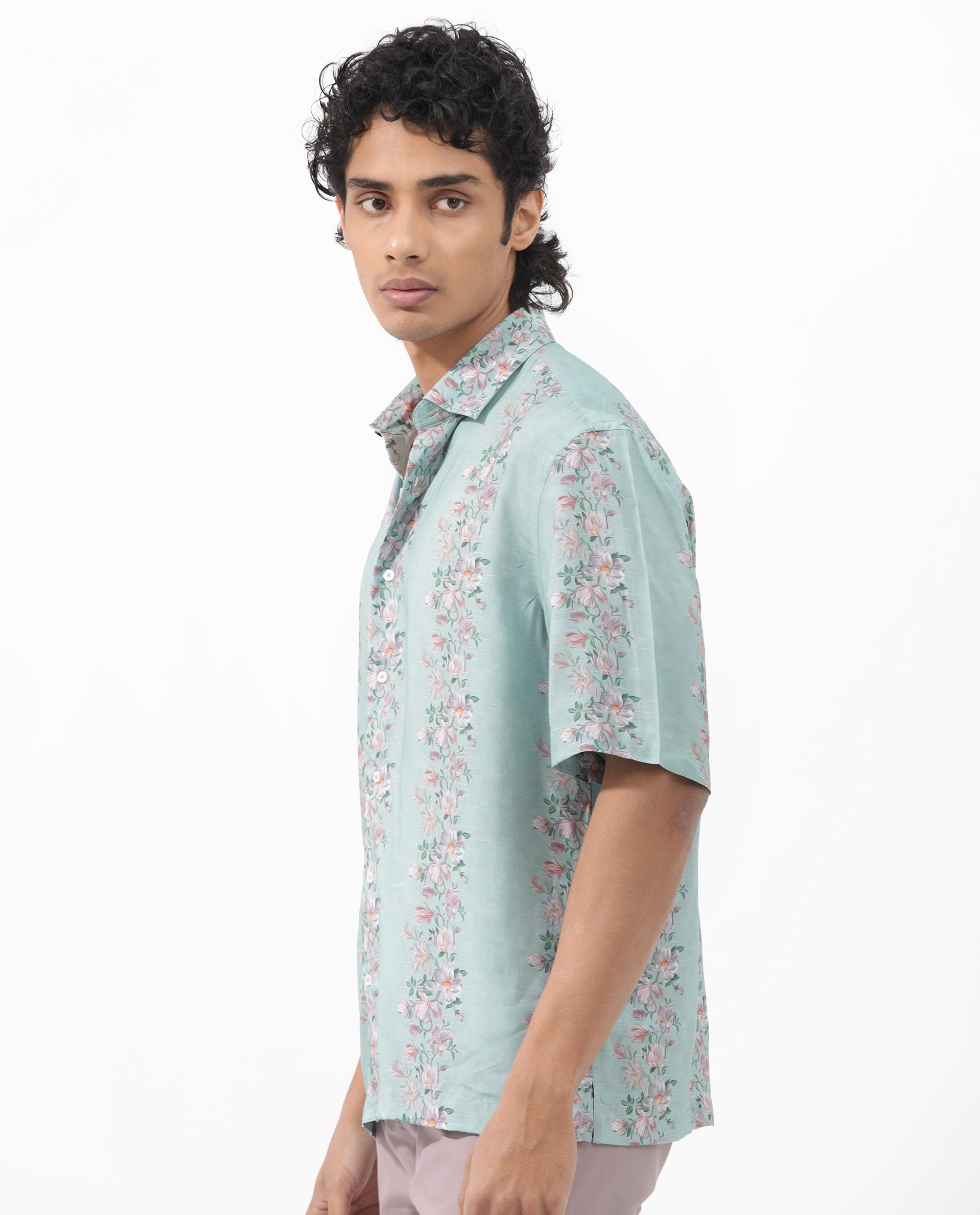 Rare Rabbit Men's Wreath Turq Viscose Fabric Half Sleeves Boxy Fit Floral Print Shirt