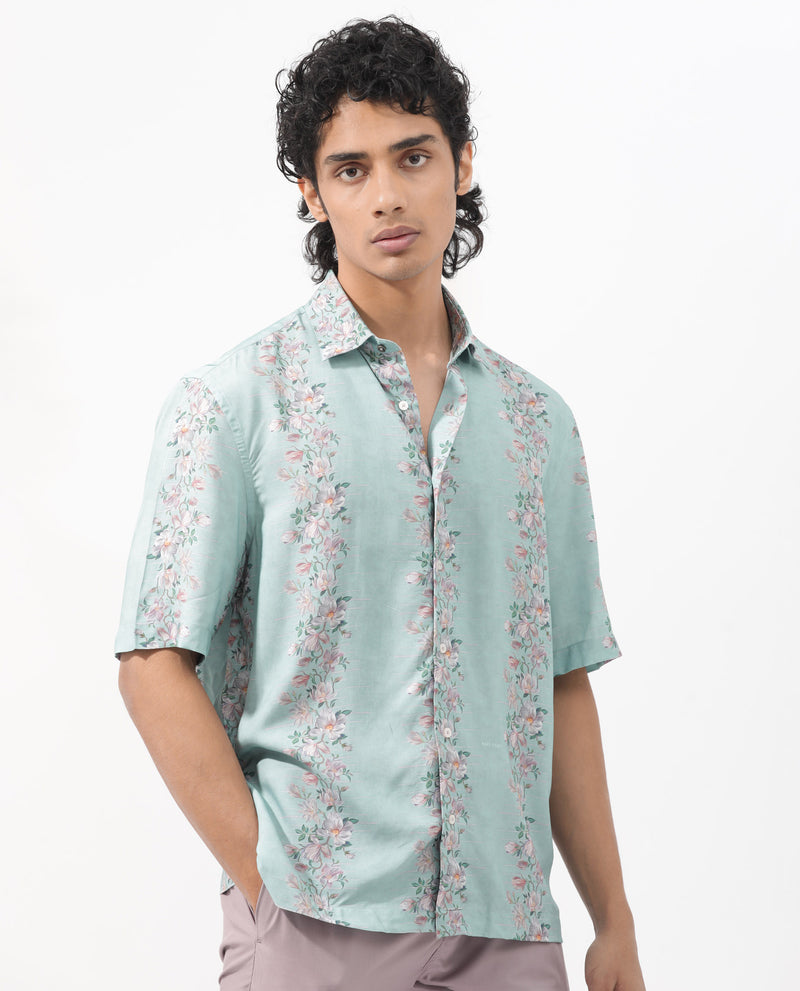 Rare Rabbit Men's Wreath Light Aqua Cotton Fabric Half Sleeves Floral Print Shirt