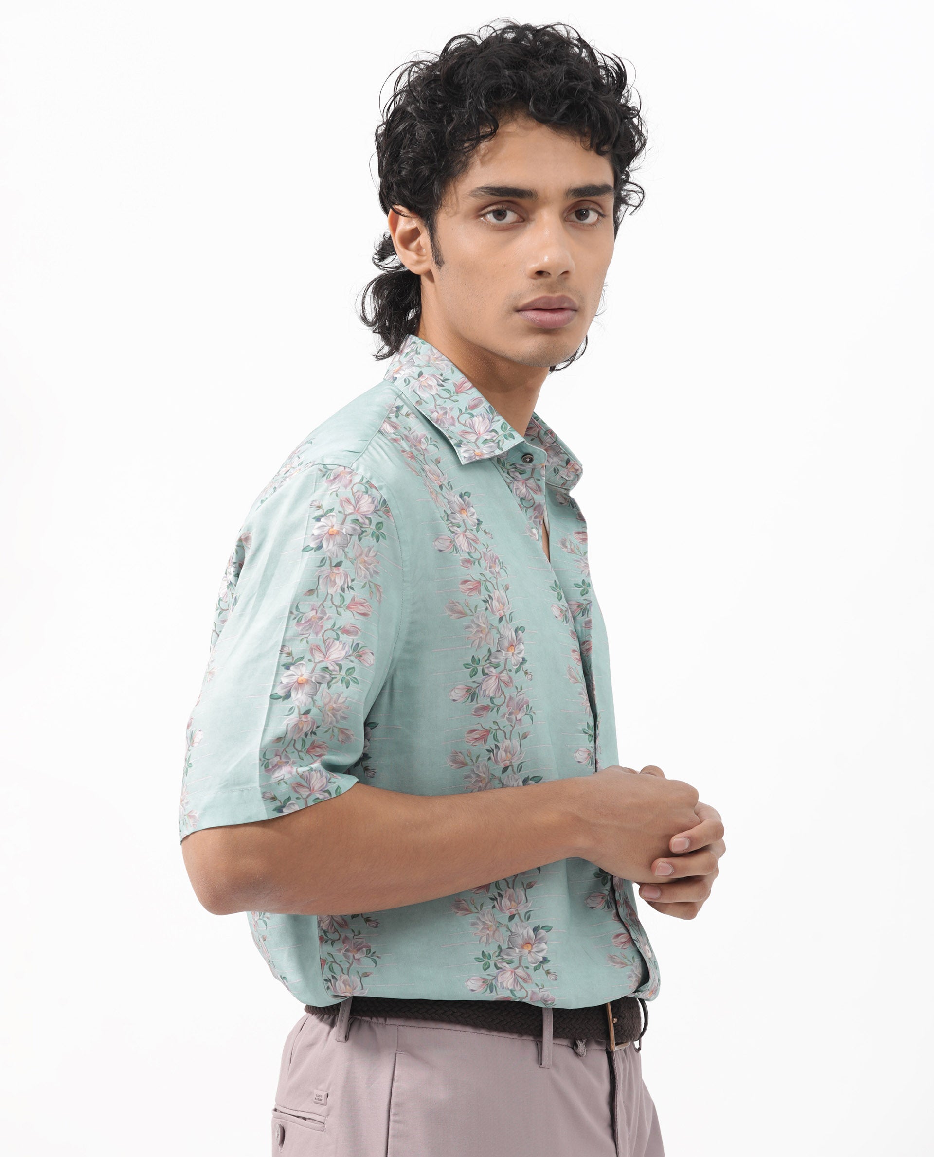 Rare Rabbit Men's Wreath Turq Viscose Fabric Half Sleeves Boxy Fit Floral Print Shirt