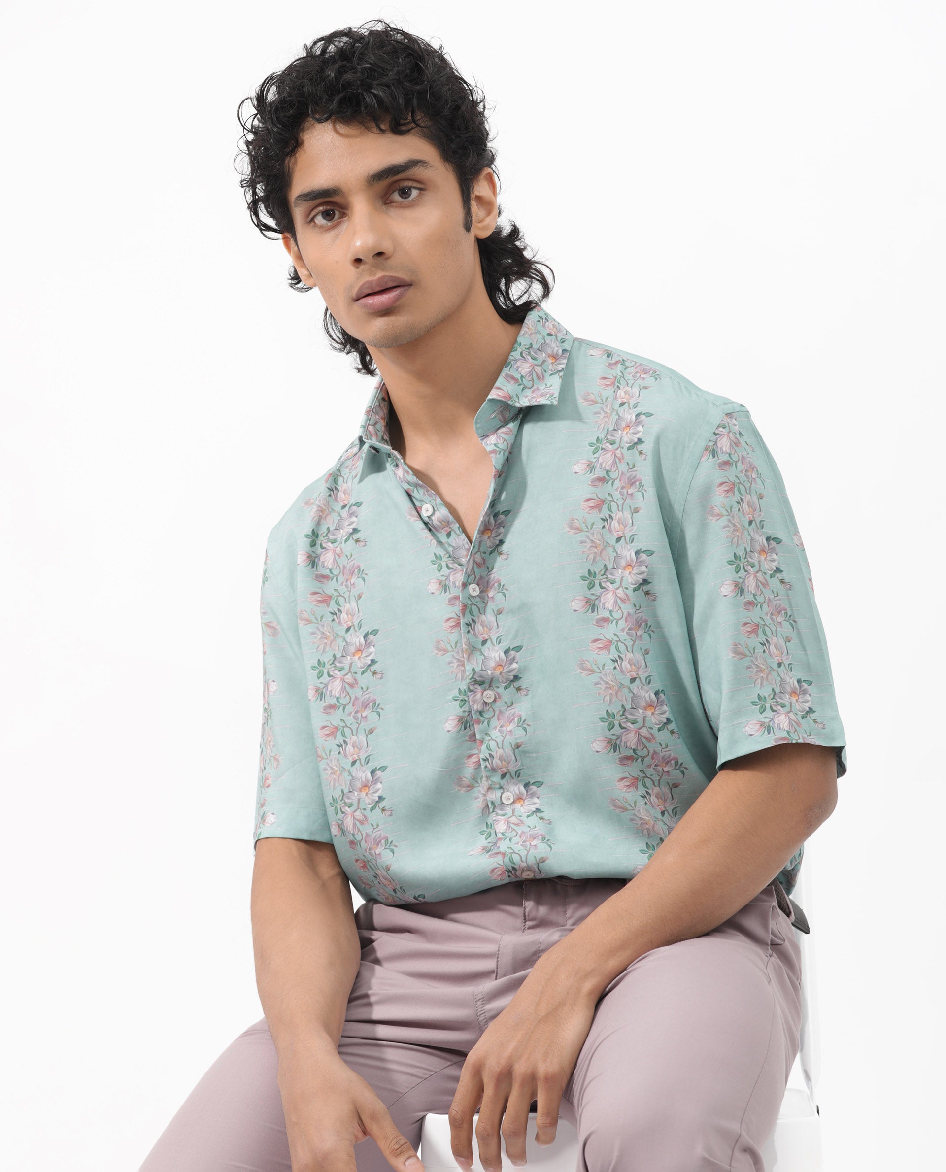 Rare Rabbit Men's Wreath Turq Viscose Fabric Half Sleeves Boxy Fit Floral Print Shirt