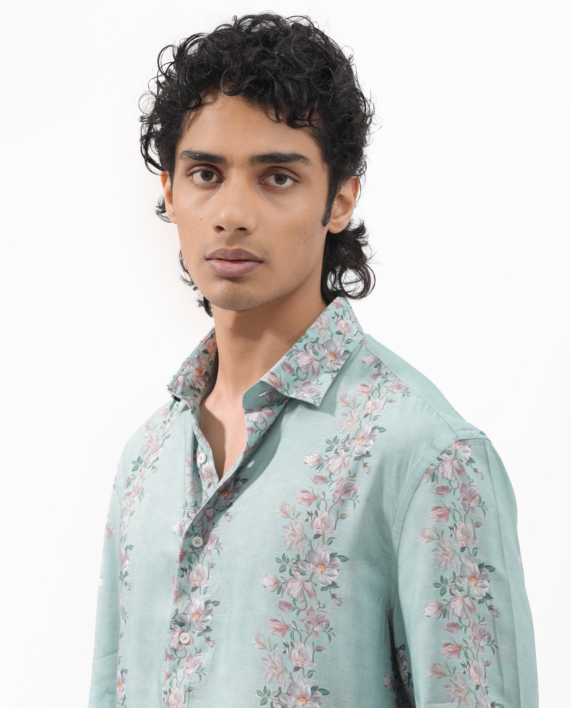 Rare Rabbit Men's Wreath Turq Viscose Fabric Half Sleeves Boxy Fit Floral Print Shirt