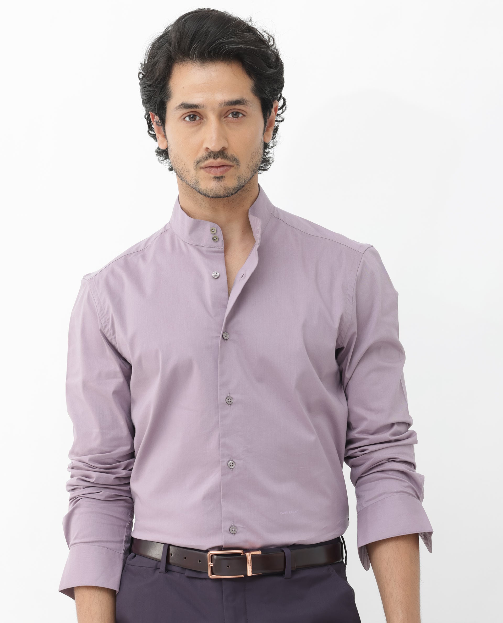 Rare Rabbit Men's Cox-3 Dusky Purple Cotton Polyester Fabric High Neck Mandarin Collar Full Sleeves Solid Shirt