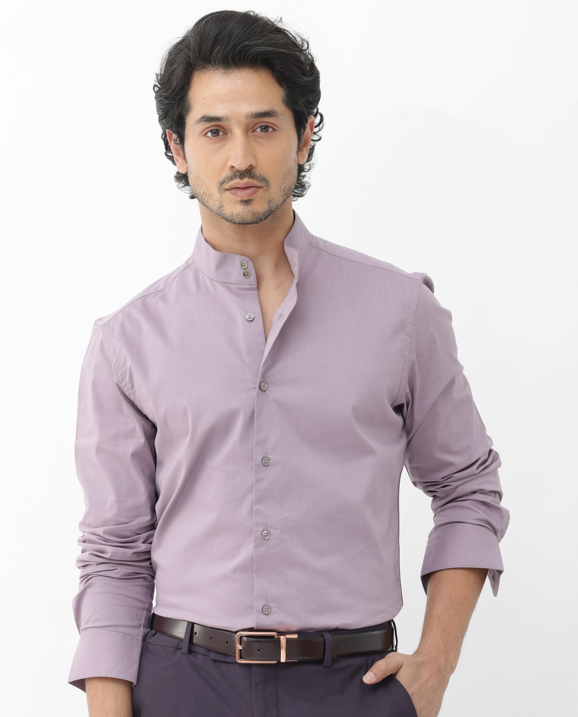 Rare Rabbit Men's Cox-3 Dusky Purple Cotton Polyester Fabric High Neck Mandarin Collar Full Sleeves Solid Shirt