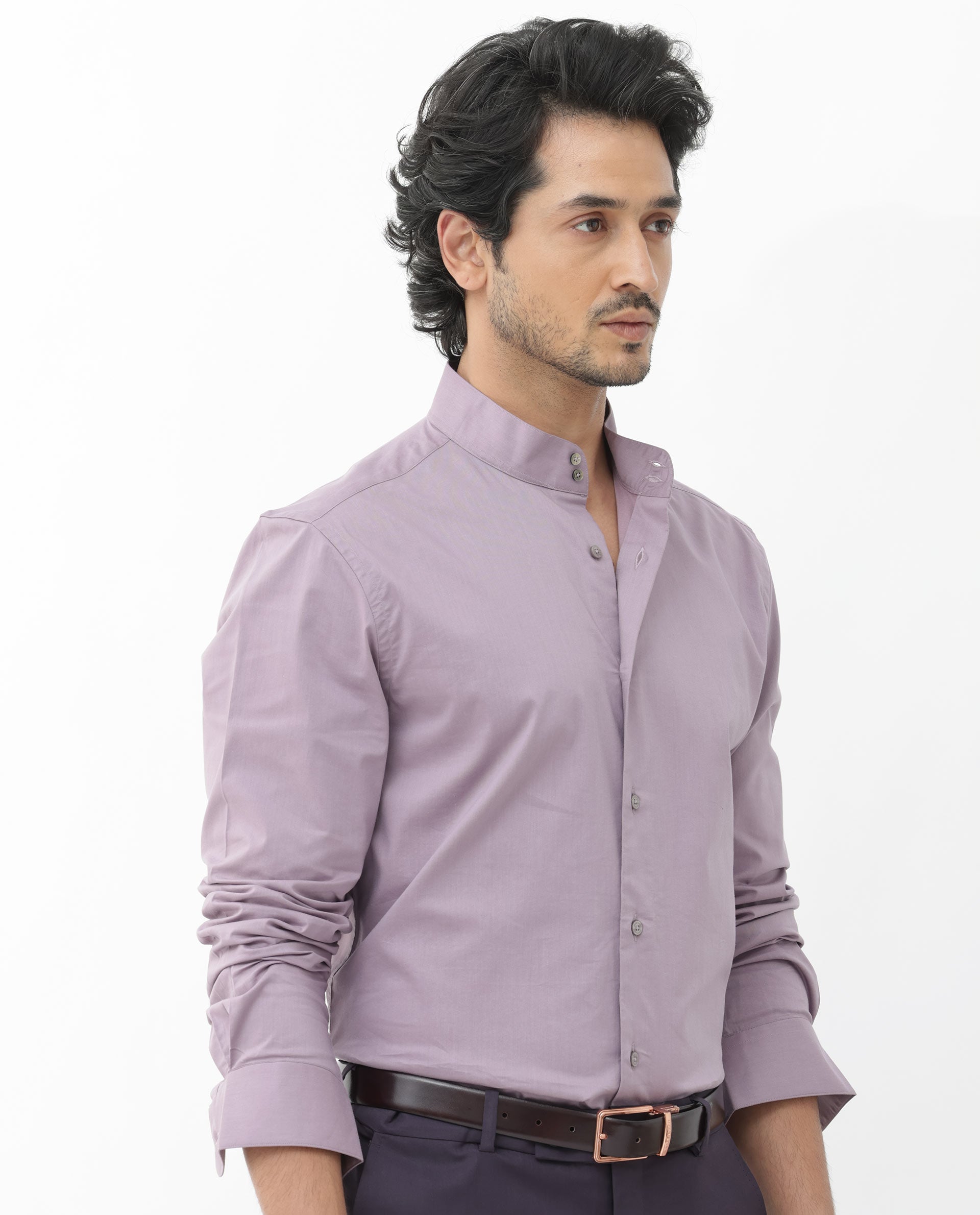 Rare Rabbit Men's Cox-3 Dusky Purple Cotton Polyester Fabric High Neck Mandarin Collar Full Sleeves Solid Shirt
