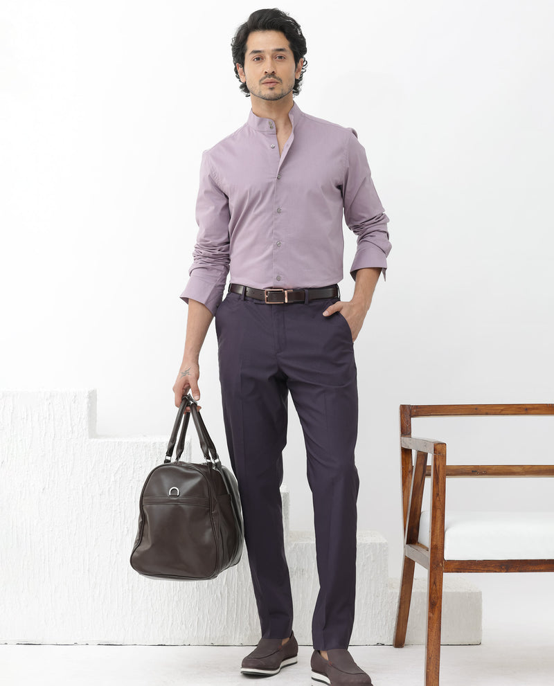 Rare Rabbit Men's Cox-3 Dusky Purple Cotton Polyester Fabric High Neck Mandarin Collar Full Sleeves Solid Shirt