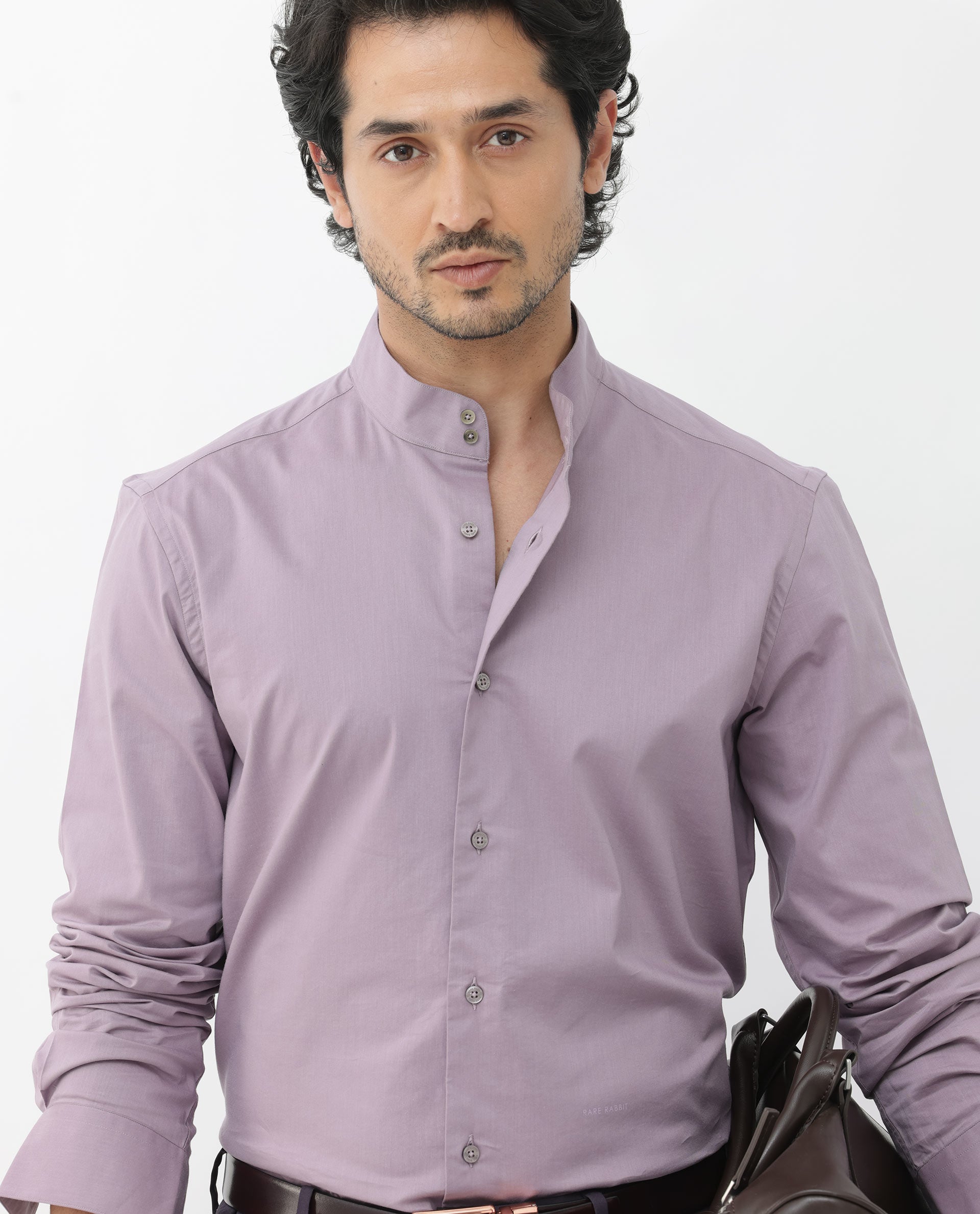Rare Rabbit Men's Cox-3 Dusky Purple Cotton Polyester Fabric High Neck Mandarin Collar Full Sleeves Solid Shirt
