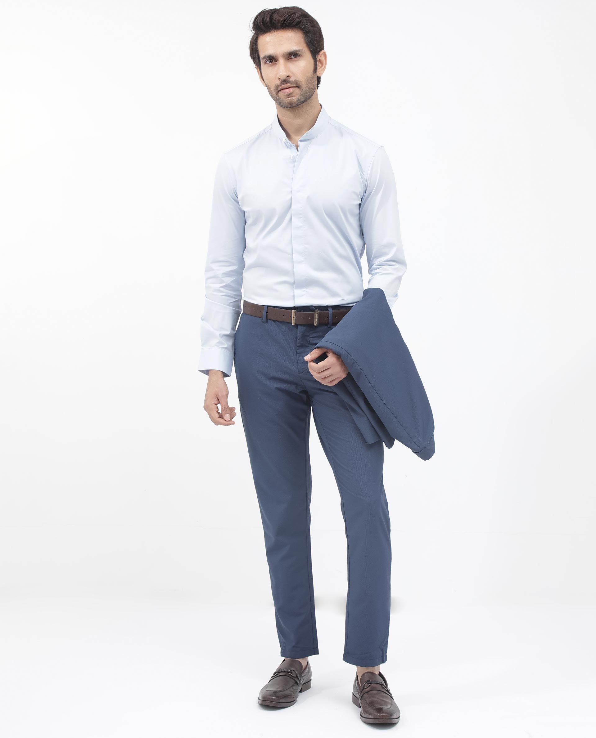 Rare Rabbit Mens Coz Pastel Blue Full Sleeve Mandarin Collar Cotton Blend Solid Shirt