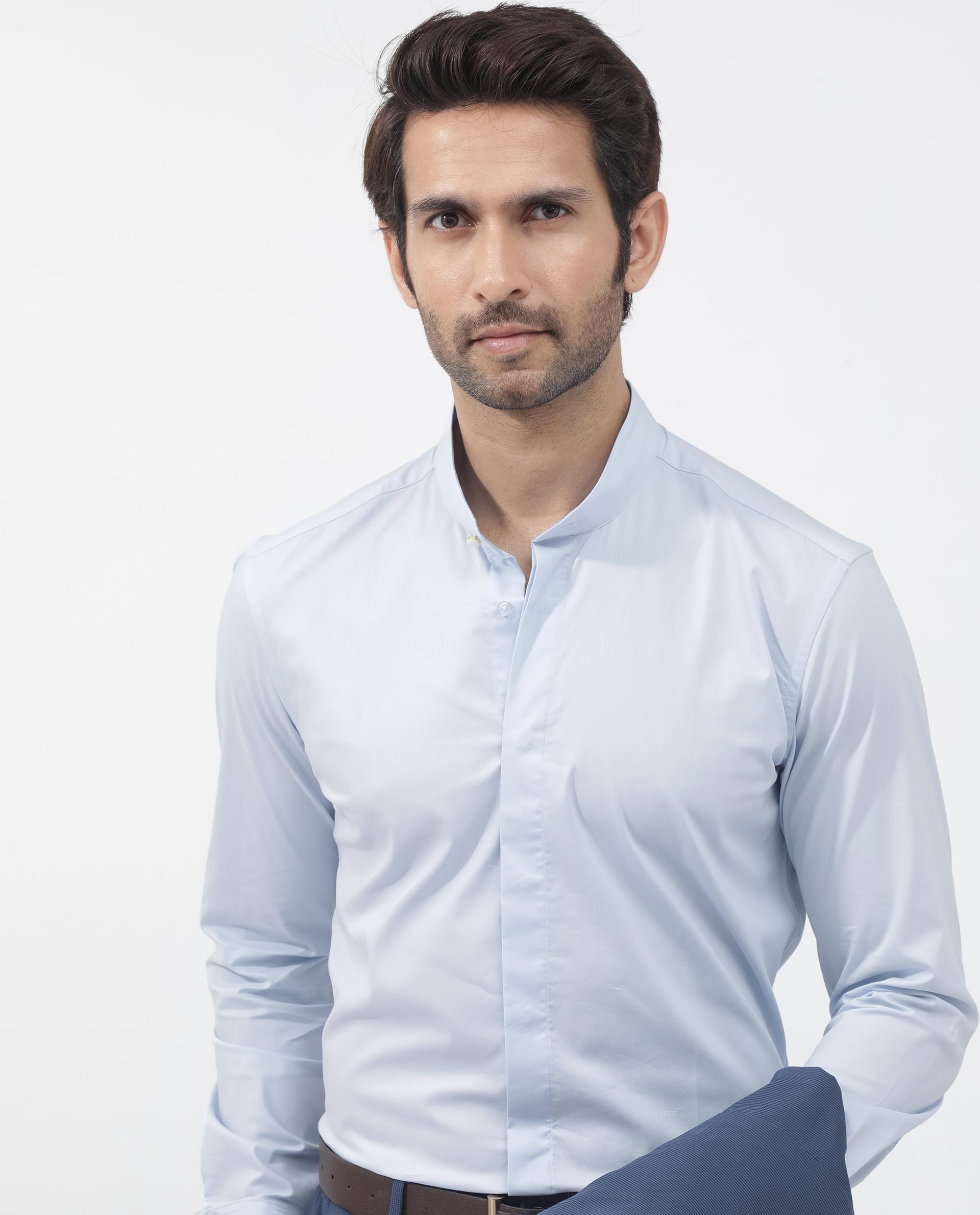 Rare Rabbit Mens Coz Pastel Blue Full Sleeve Mandarin Collar Cotton Blend Solid Shirt