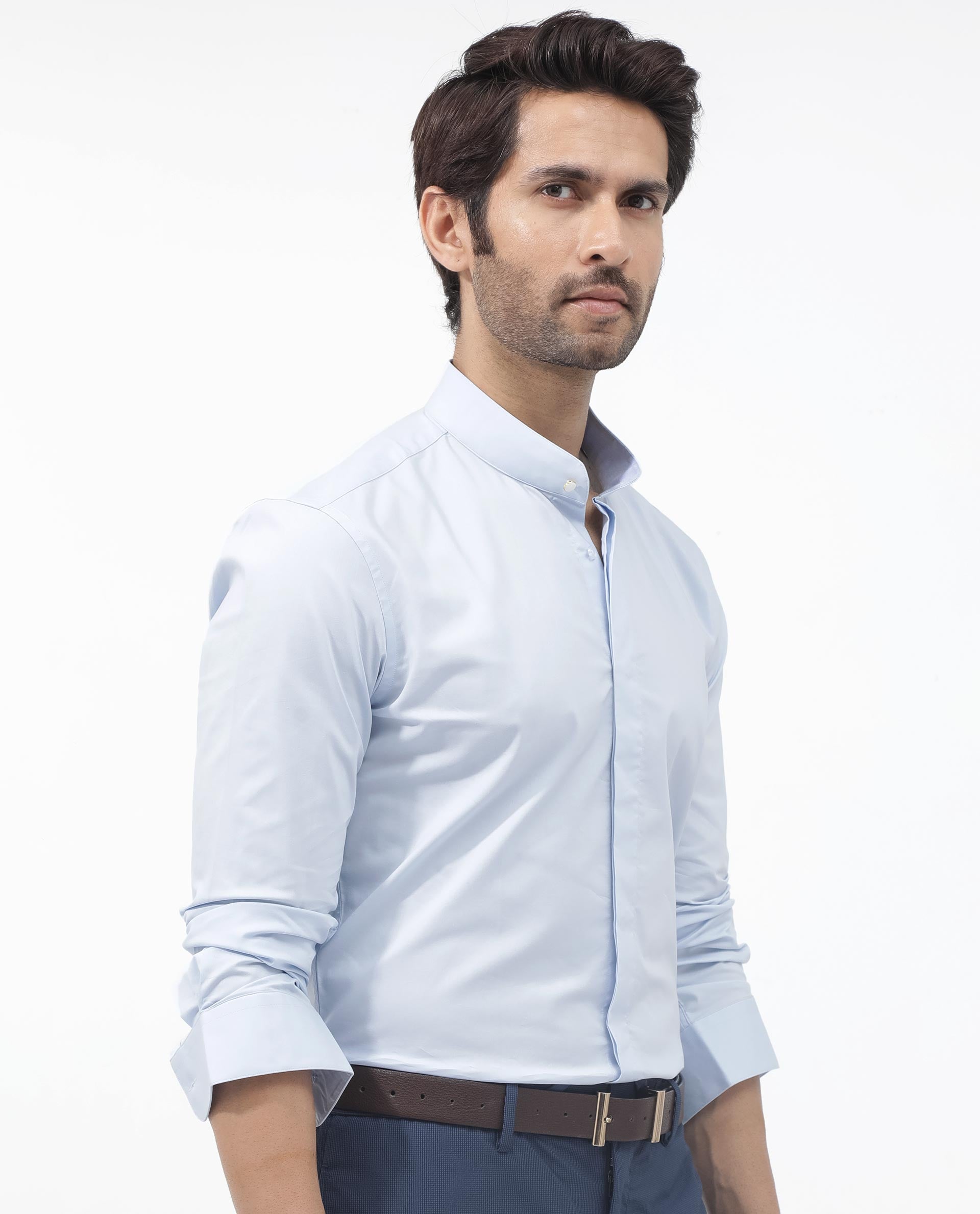 Rare Rabbit Mens Coz Pastel Blue Full Sleeve Mandarin Collar Cotton Blend Solid Shirt