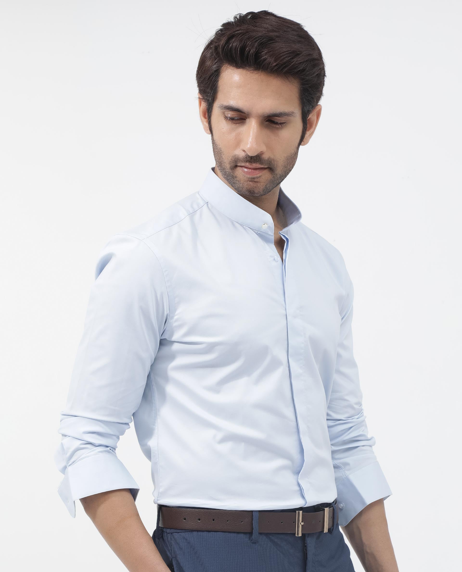 Rare Rabbit Mens Coz Pastel Blue Full Sleeve Mandarin Collar Cotton Blend Solid Shirt
