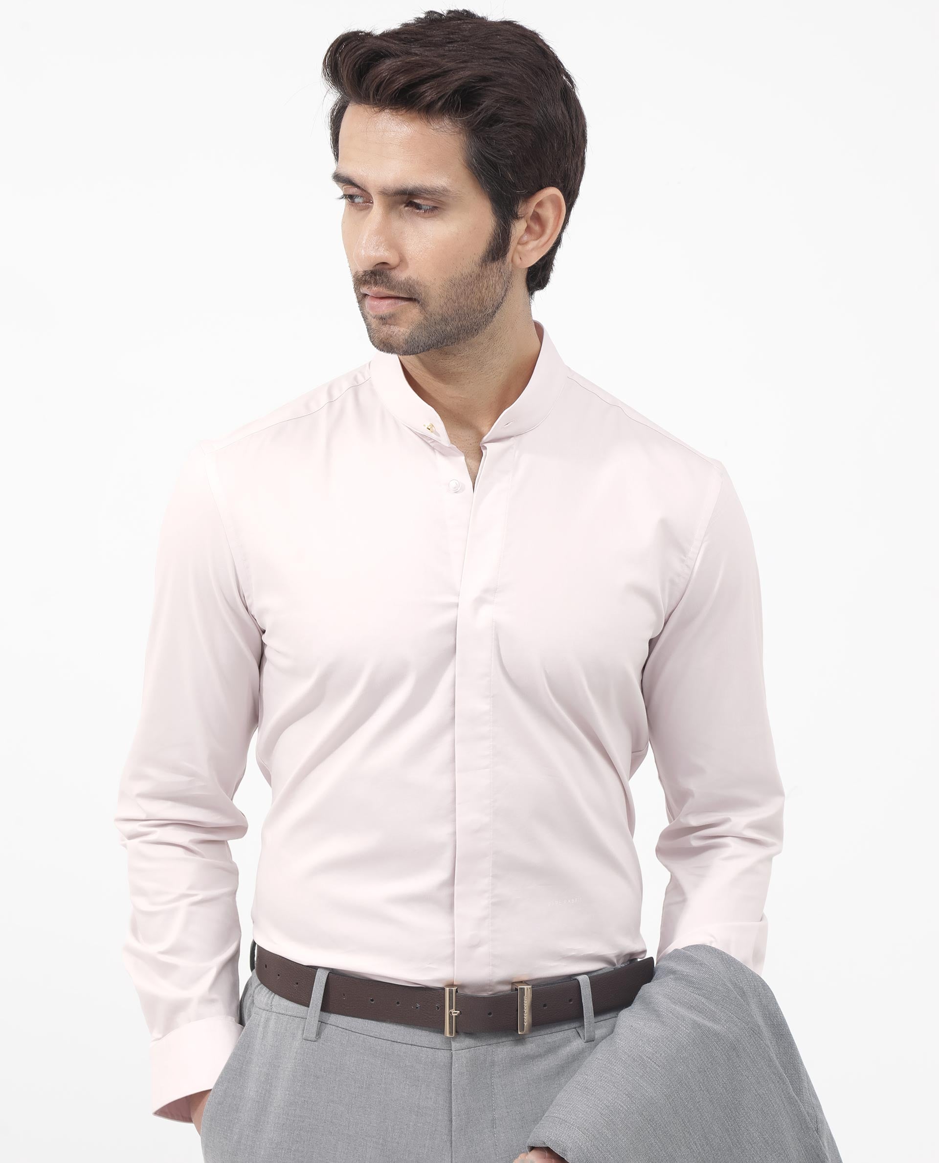 Rare Rabbit Mens Coz Pastel Pink Full Sleeve Mandarin Collar Cotton Blend Solid Shirt