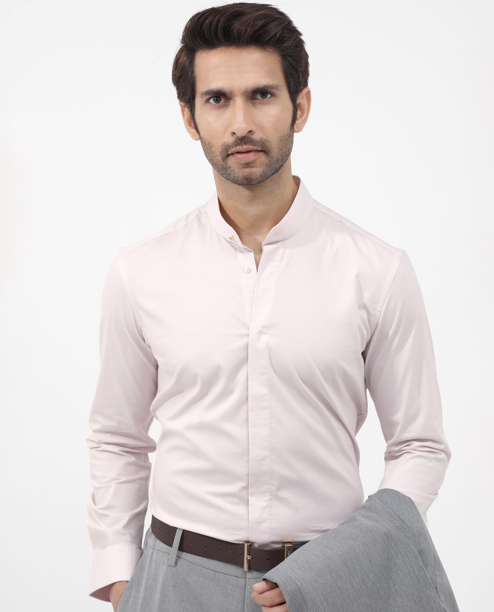 Rare Rabbit Mens Coz Pastel Pink Full Sleeve Mandarin Collar Cotton Blend Solid Shirt