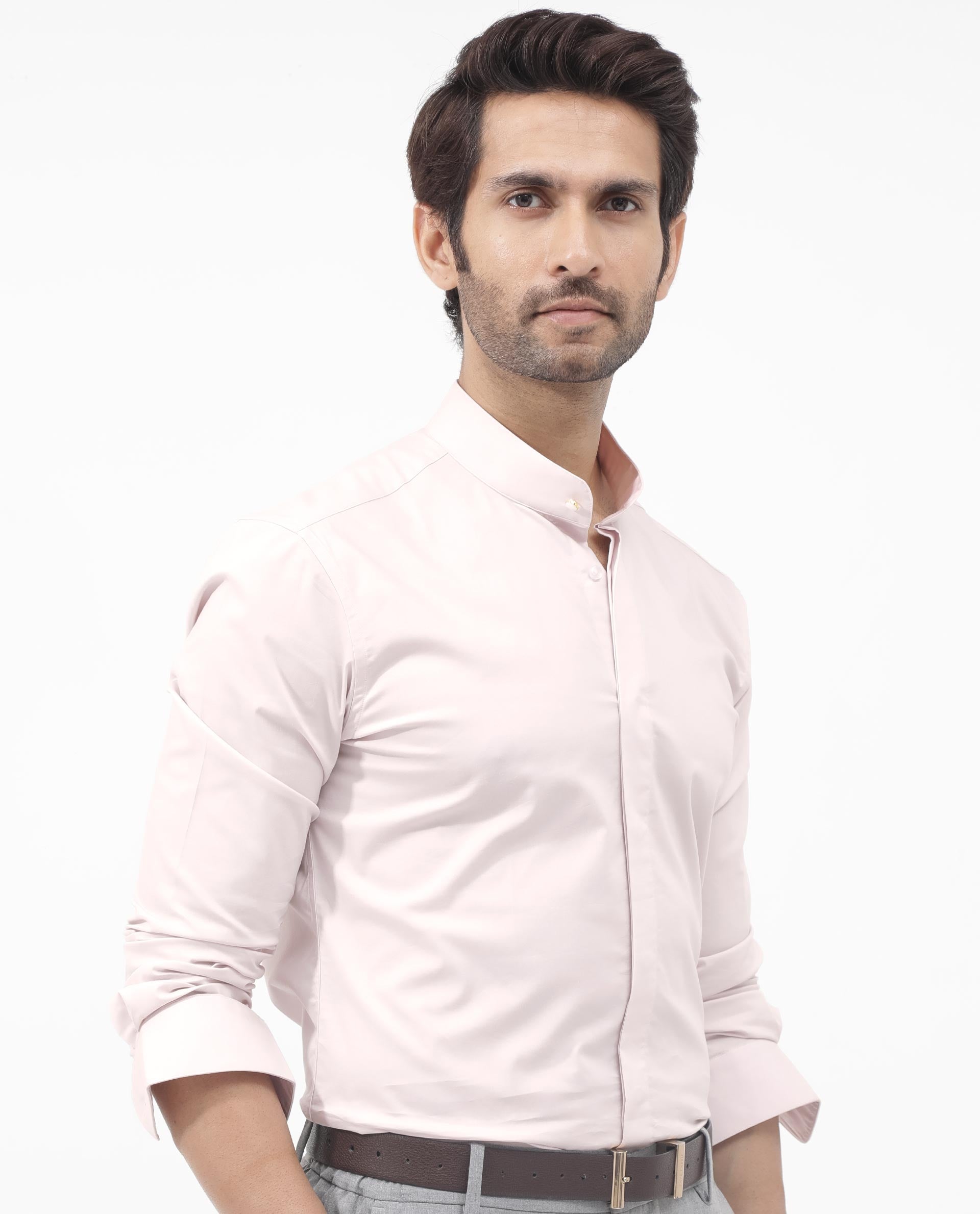 Rare Rabbit Mens Coz Pastel Pink Full Sleeve Mandarin Collar Cotton Blend Solid Shirt