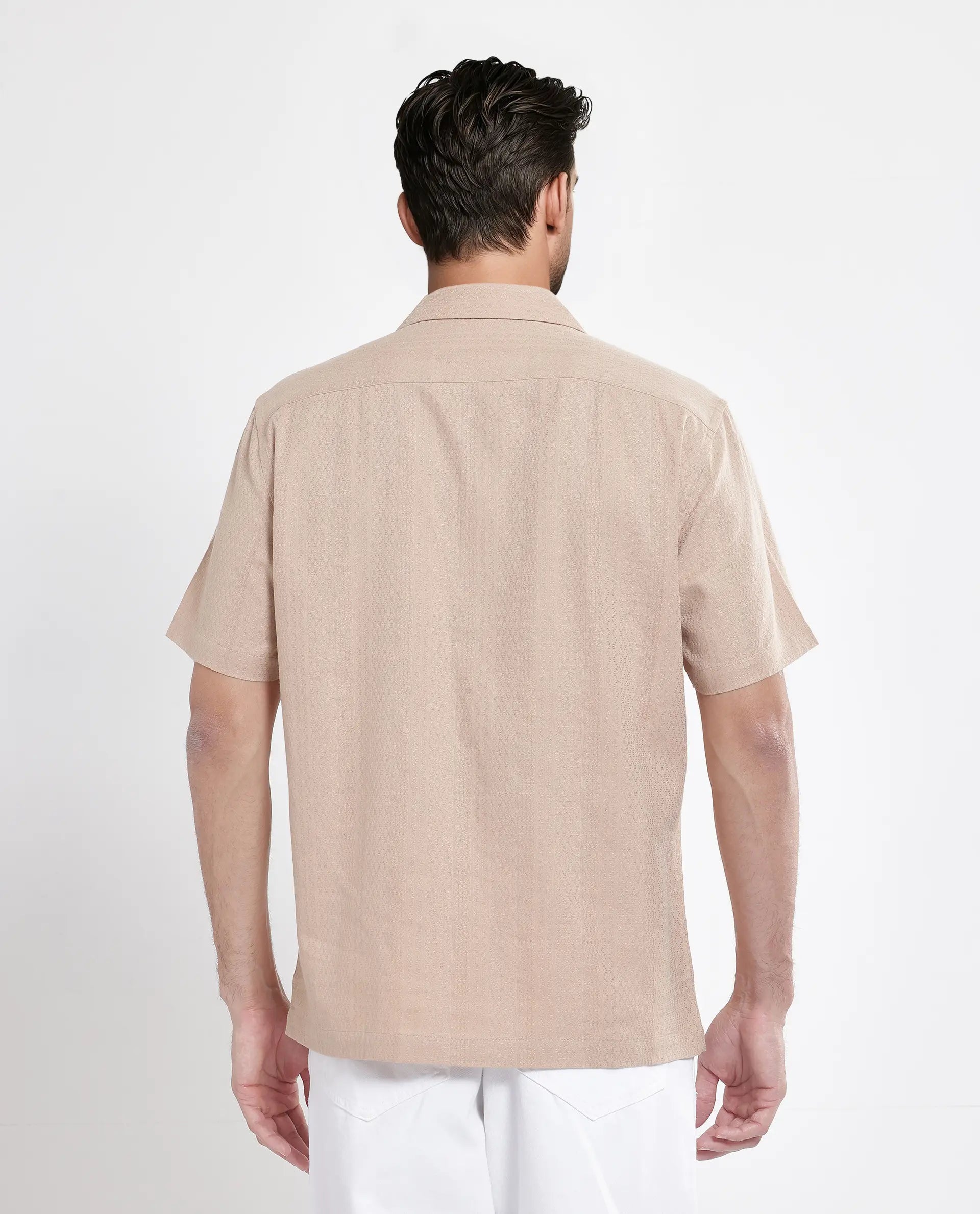 Rare Rabbit Men's Craggy Dusky Beige Cotton Fabric Short Sleeve Cuban Collar Button Closure Striped Shirt