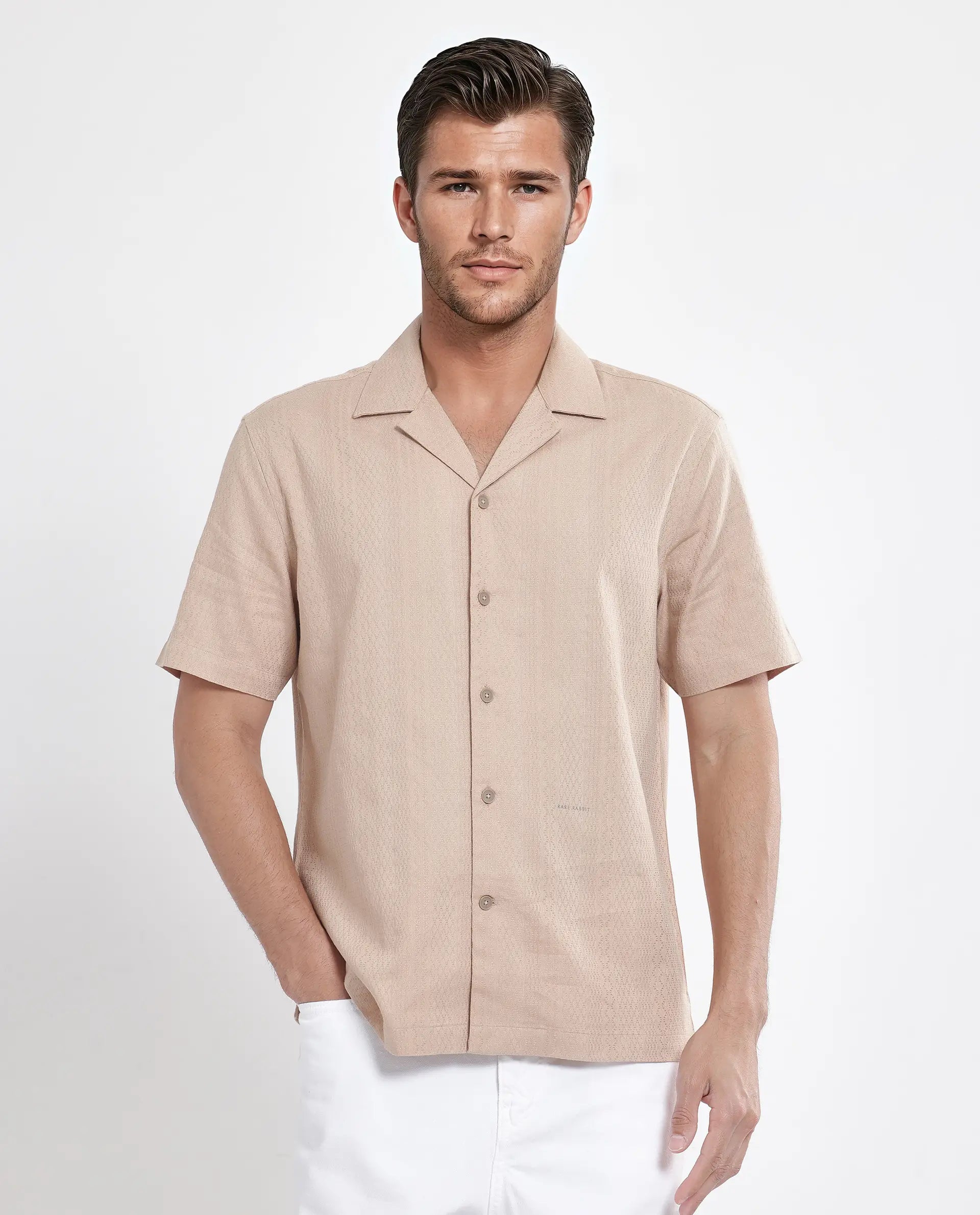 Rare Rabbit Men's Craggy Dusky Beige Cotton Fabric Short Sleeve Cuban Collar Button Closure Striped Shirt