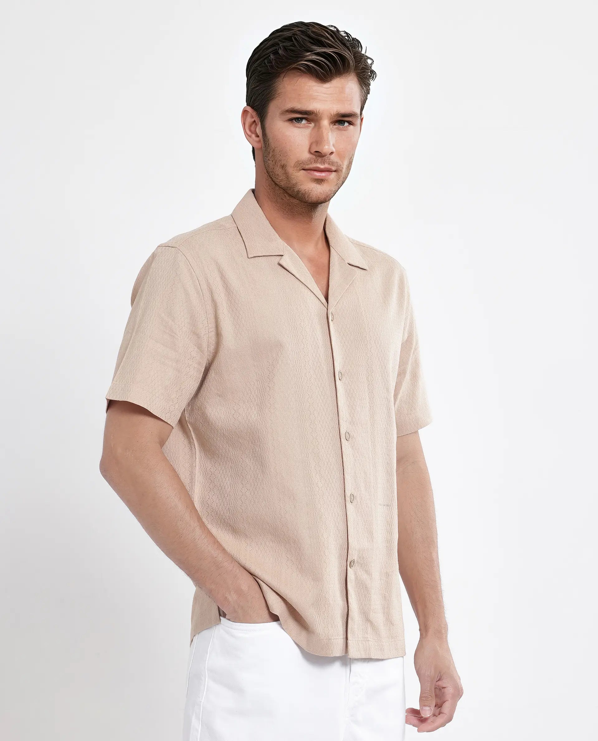 Rare Rabbit Men's Craggy Dusky Beige Cotton Fabric Short Sleeve Cuban Collar Button Closure Striped Shirt