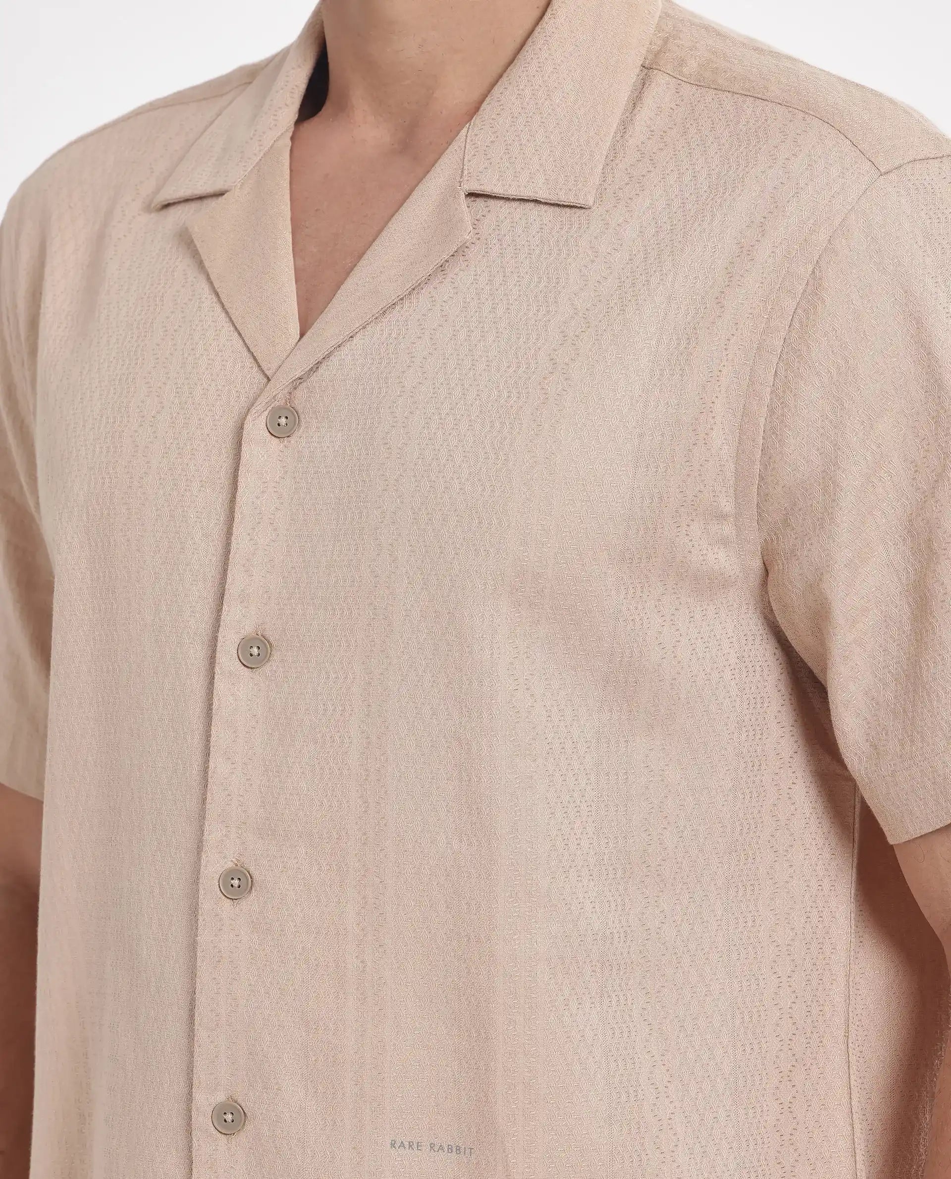 Rare Rabbit Men's Craggy Dusky Beige Cotton Fabric Short Sleeve Cuban Collar Button Closure Striped Shirt