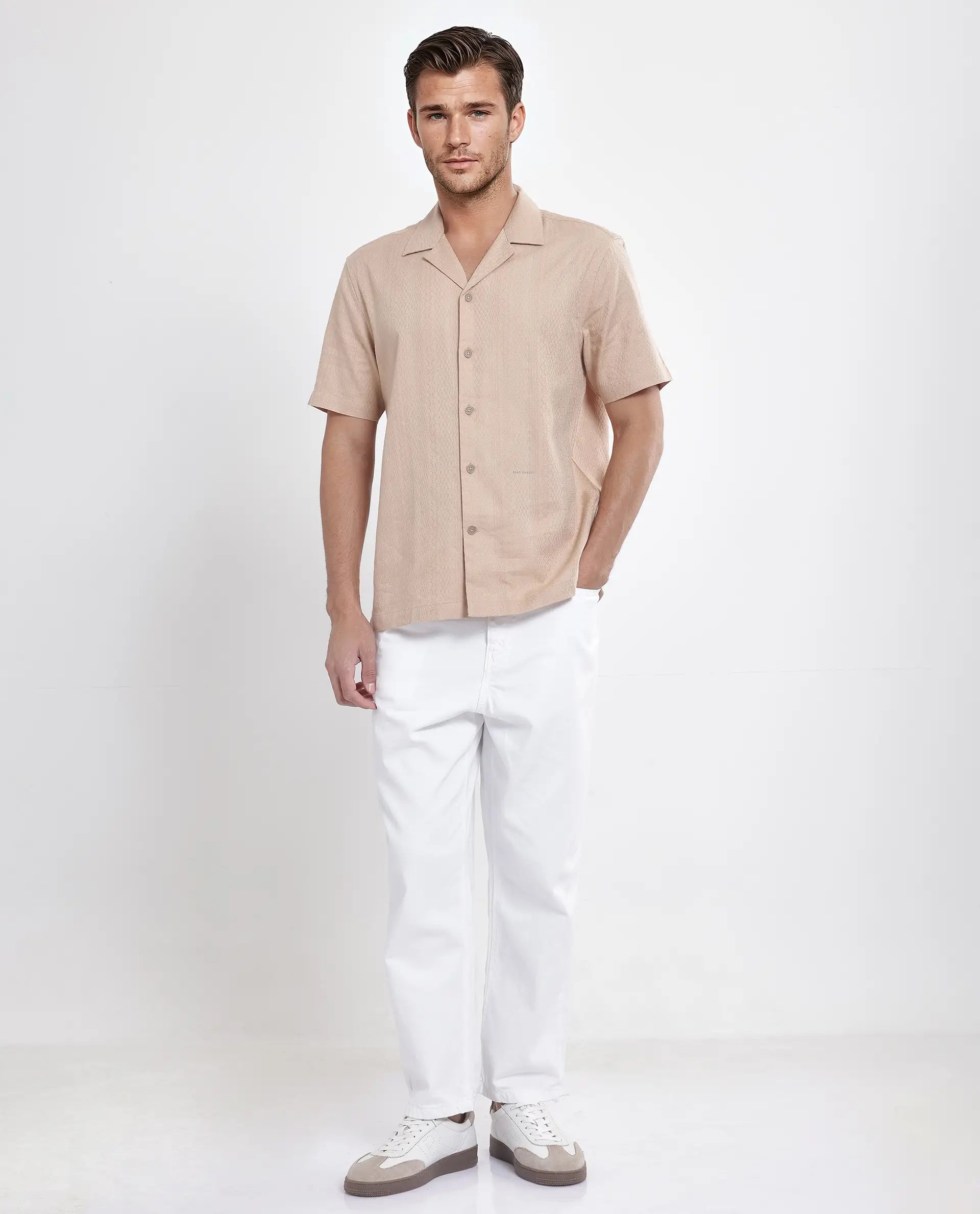 Rare Rabbit Men's Craggy Dusky Beige Cotton Fabric Short Sleeve Cuban Collar Button Closure Striped Shirt