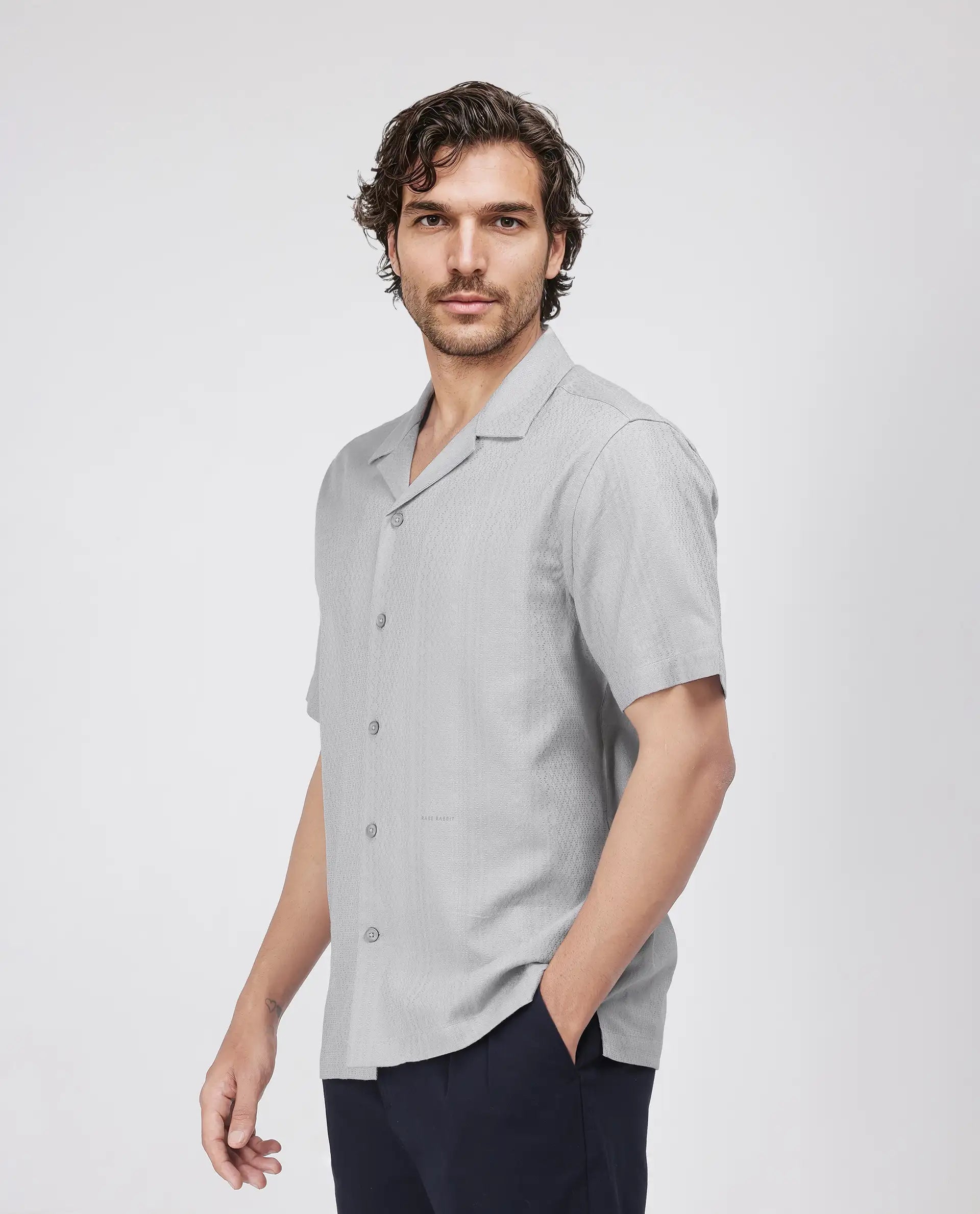 Rare Rabbit Men's Craggy Light Grey Cotton Fabric Short Sleeve Cuban Collar Button Closure Striped Shirt