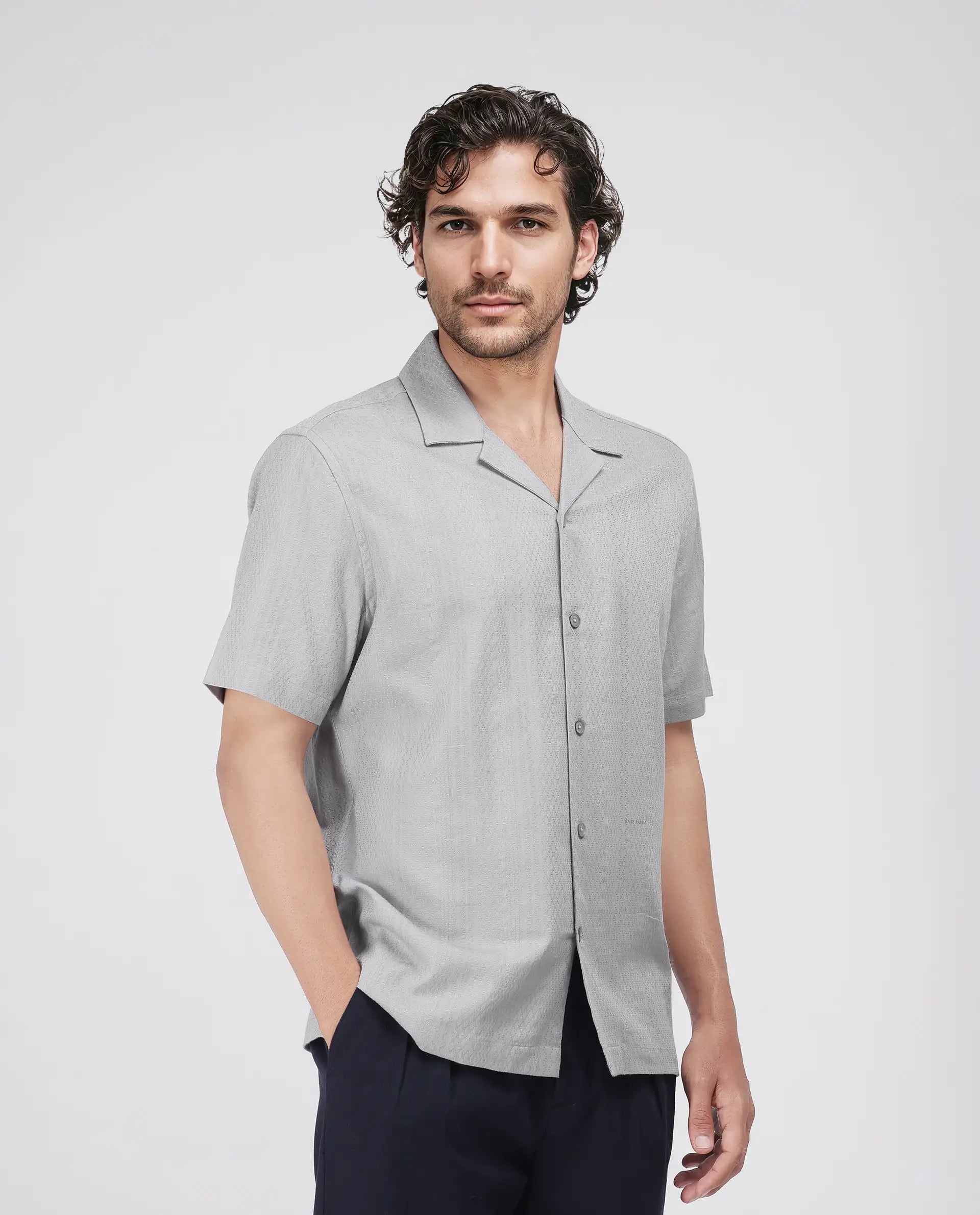 Rare Rabbit Men's Craggy Light Grey Cotton Fabric Short Sleeve Cuban Collar Button Closure Striped Shirt