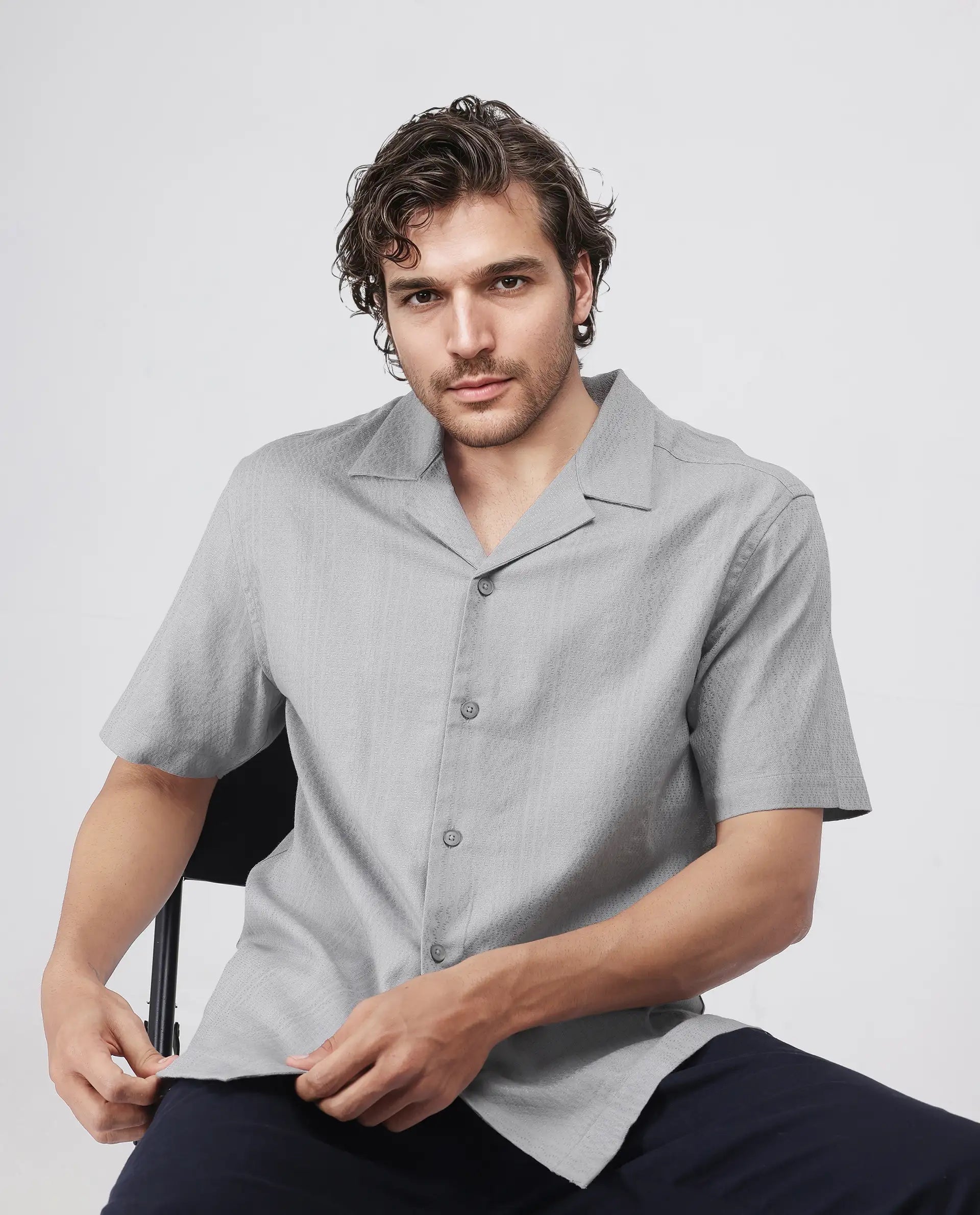 Rare Rabbit Men's Craggy Light Grey Cotton Fabric Short Sleeve Cuban Collar Button Closure Striped Shirt