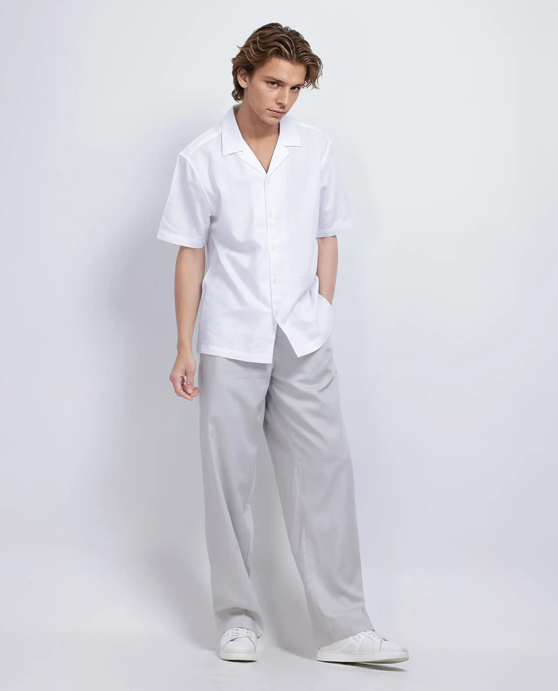 Rare Rabbit Men's Craggy White Cotton Fabric Short Sleeve Cuban Collar Button Closure Striped Shirt