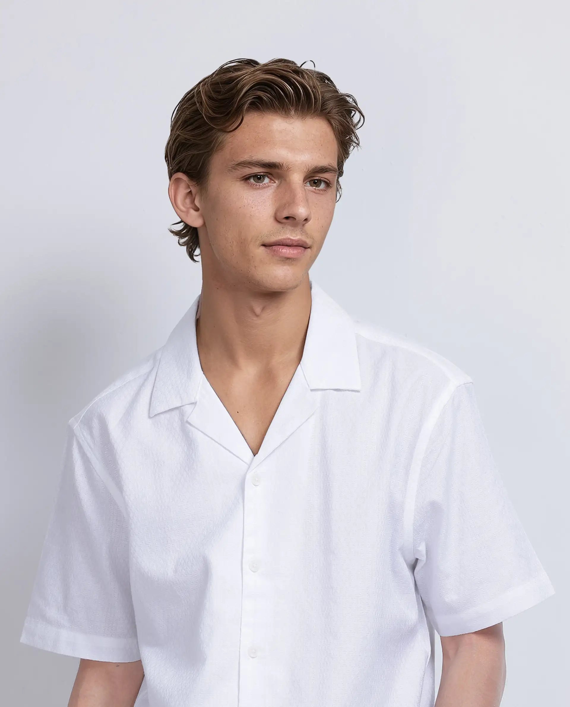 Rare Rabbit Men's Craggy White Cotton Fabric Short Sleeve Cuban Collar Button Closure Striped Shirt