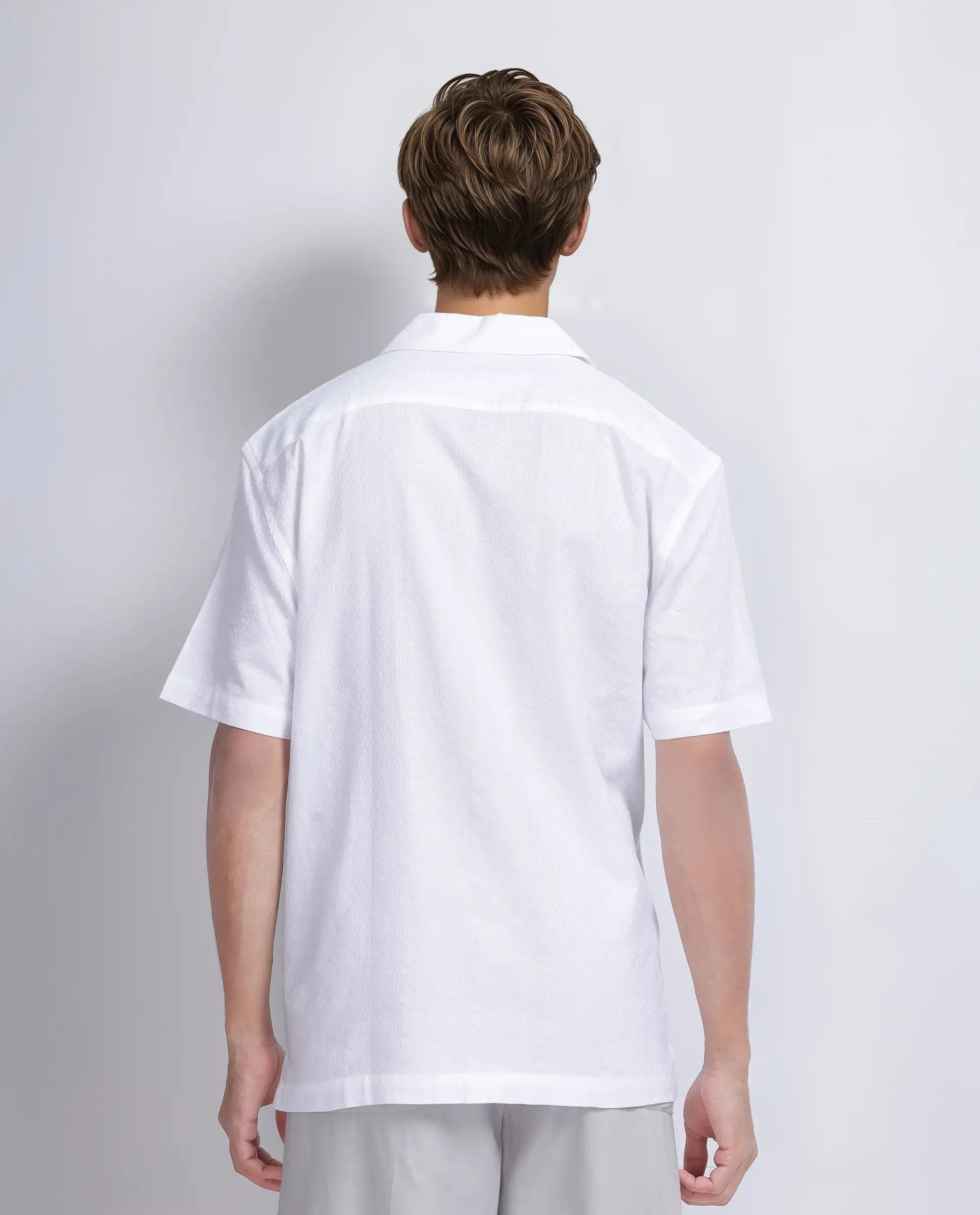 Rare Rabbit Men's Craggy White Cotton Fabric Short Sleeve Cuban Collar Button Closure Striped Shirt