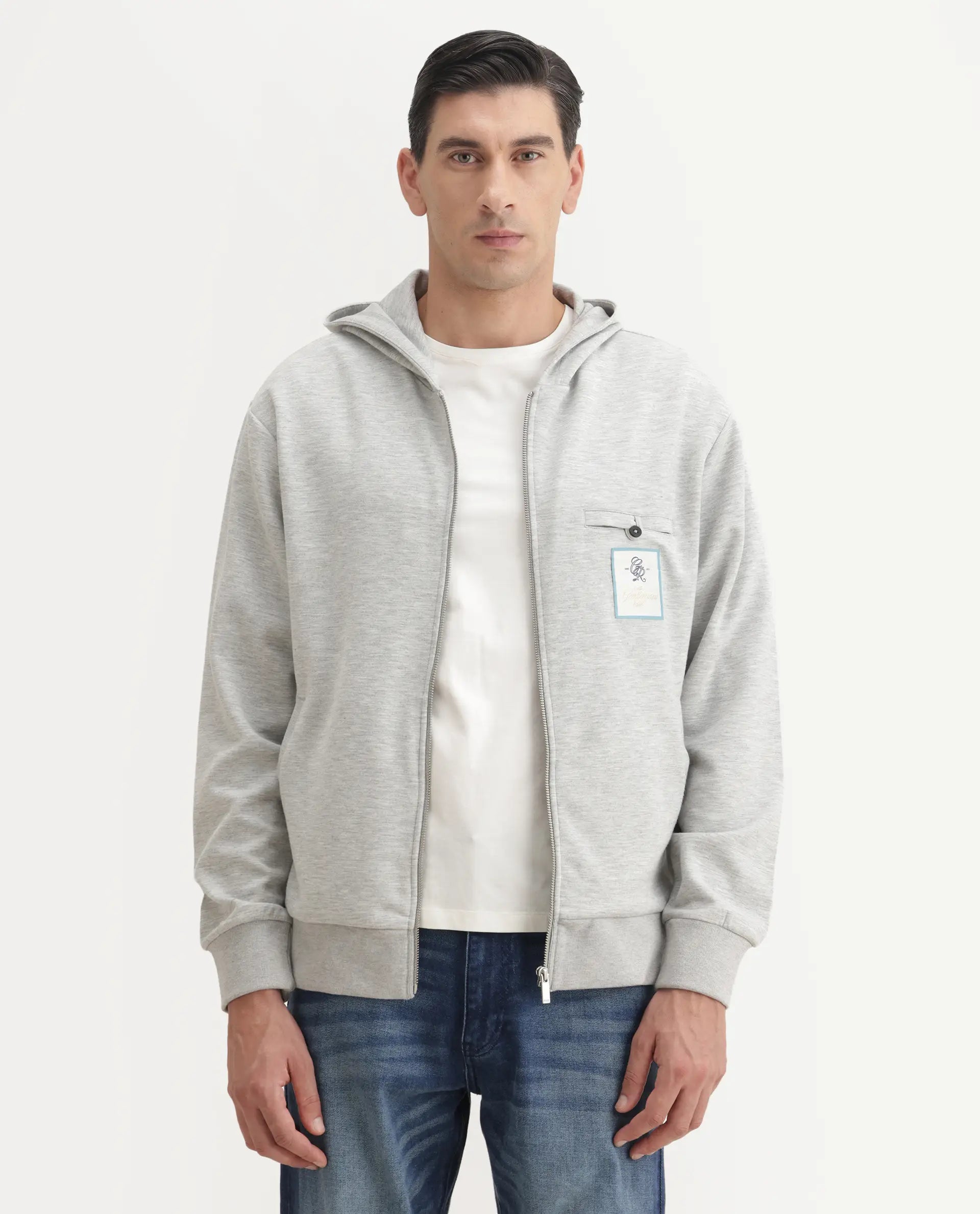 Rare Rabbit Men's Crea-T Melange Grey Modal Blend Fabric Full Sleeves Hooded Zipper Closure Label Print Sweatshirt