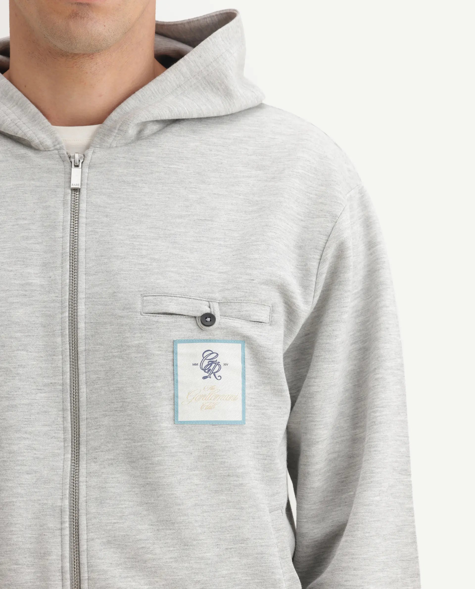 Rare Rabbit Men's Crea-T Melange Grey Modal Blend Fabric Full Sleeves Hooded Zipper Closure Label Print Sweatshirt