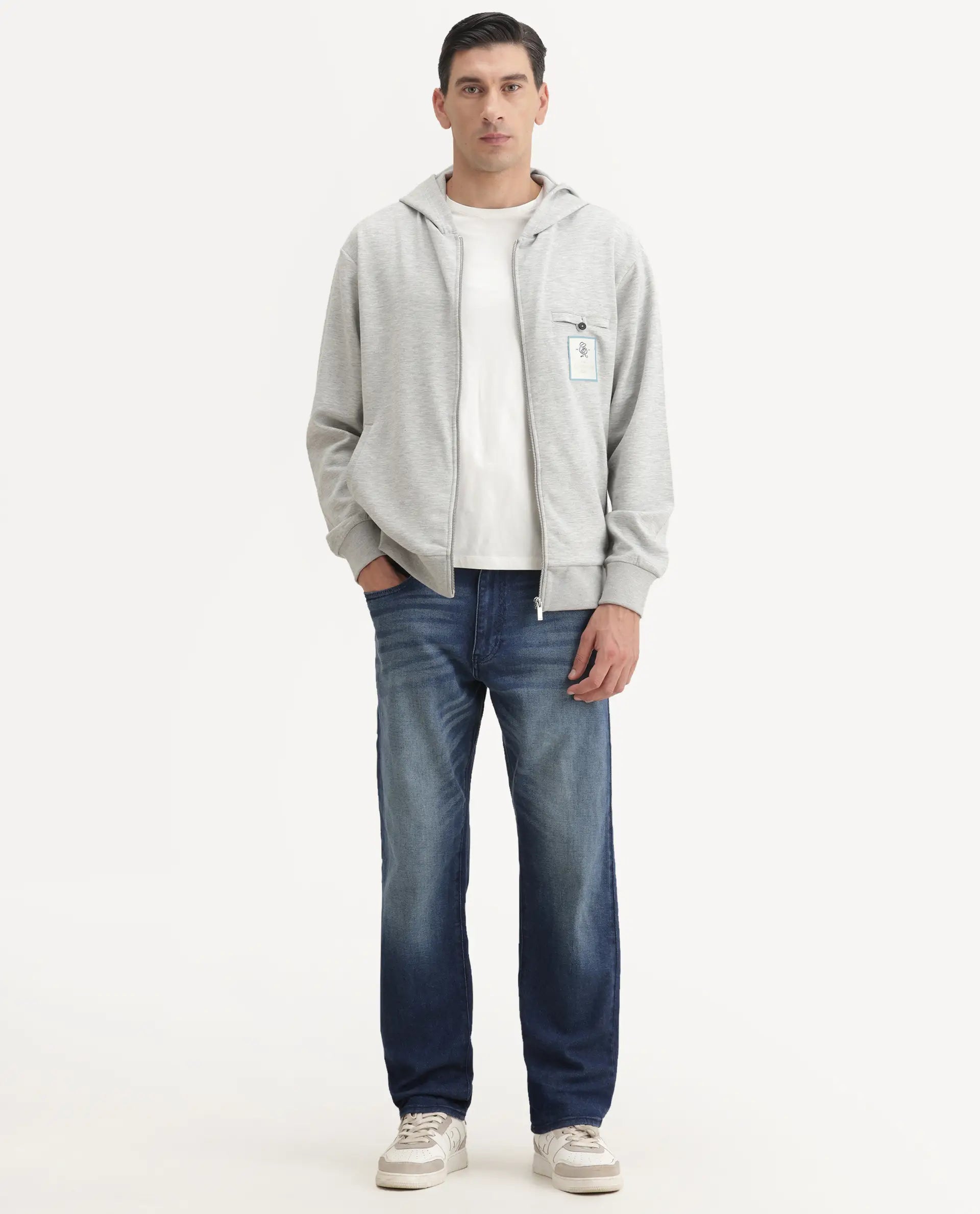 Rare Rabbit Men's Crea-T Melange Grey Modal Blend Fabric Full Sleeves Hooded Zipper Closure Label Print Sweatshirt
