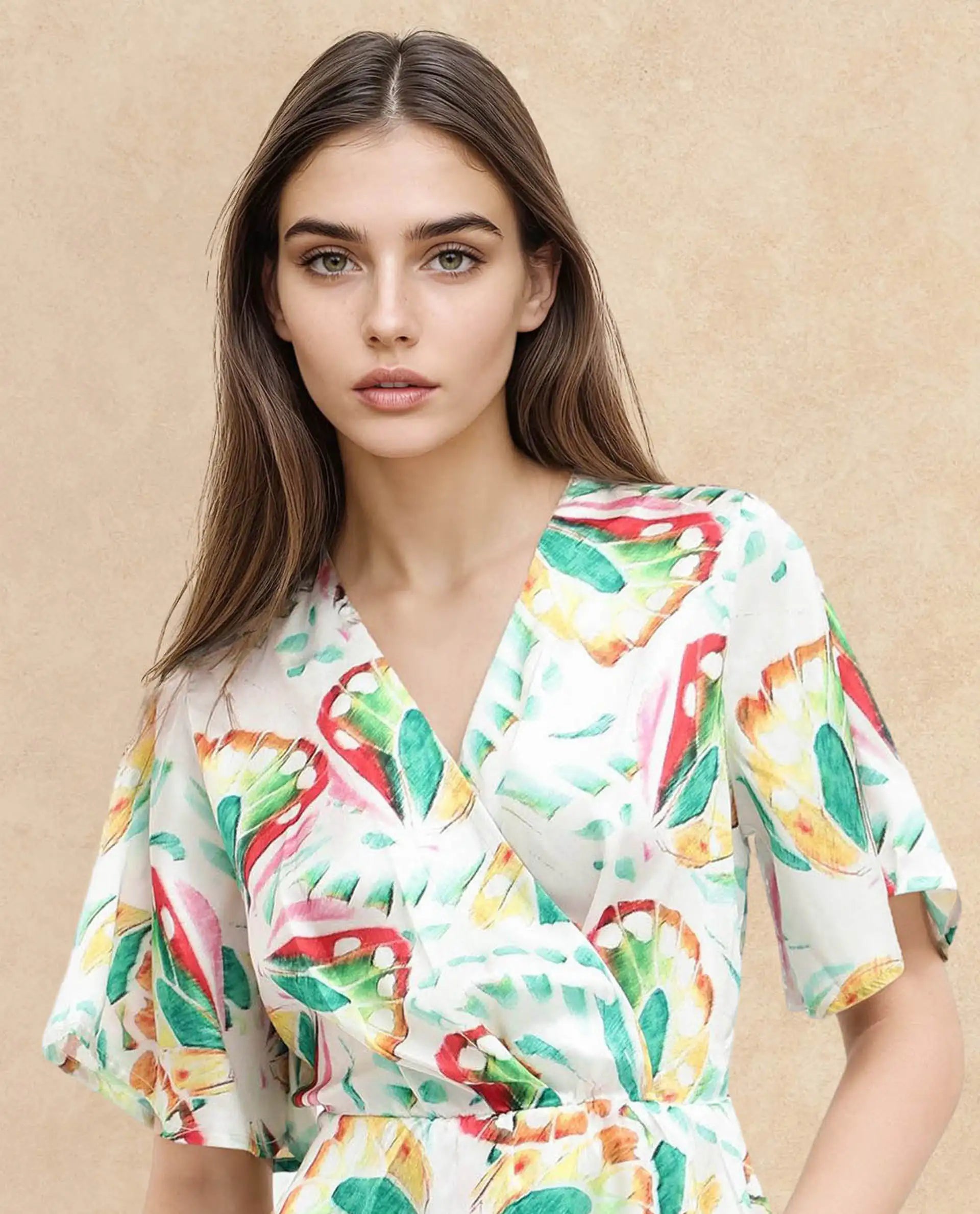 Rareism Women's Crelomi Light Multi  Overlap Neck Button Closure Half Sleeve Floral Print Fit And Flare Mini Dress