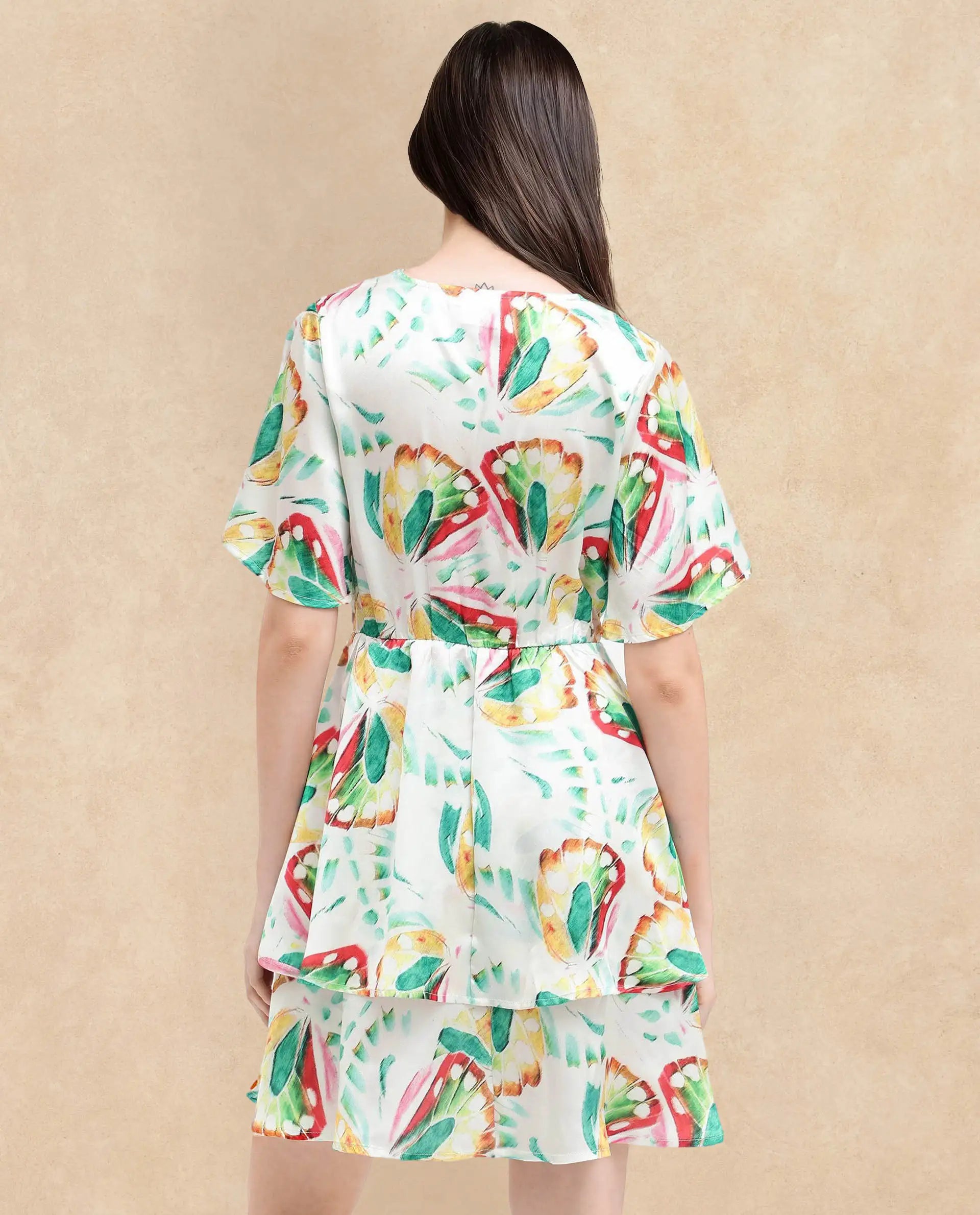 Rareism Women's Crelomi Light Multi  Overlap Neck Button Closure Half Sleeve Floral Print Fit And Flare Mini Dress