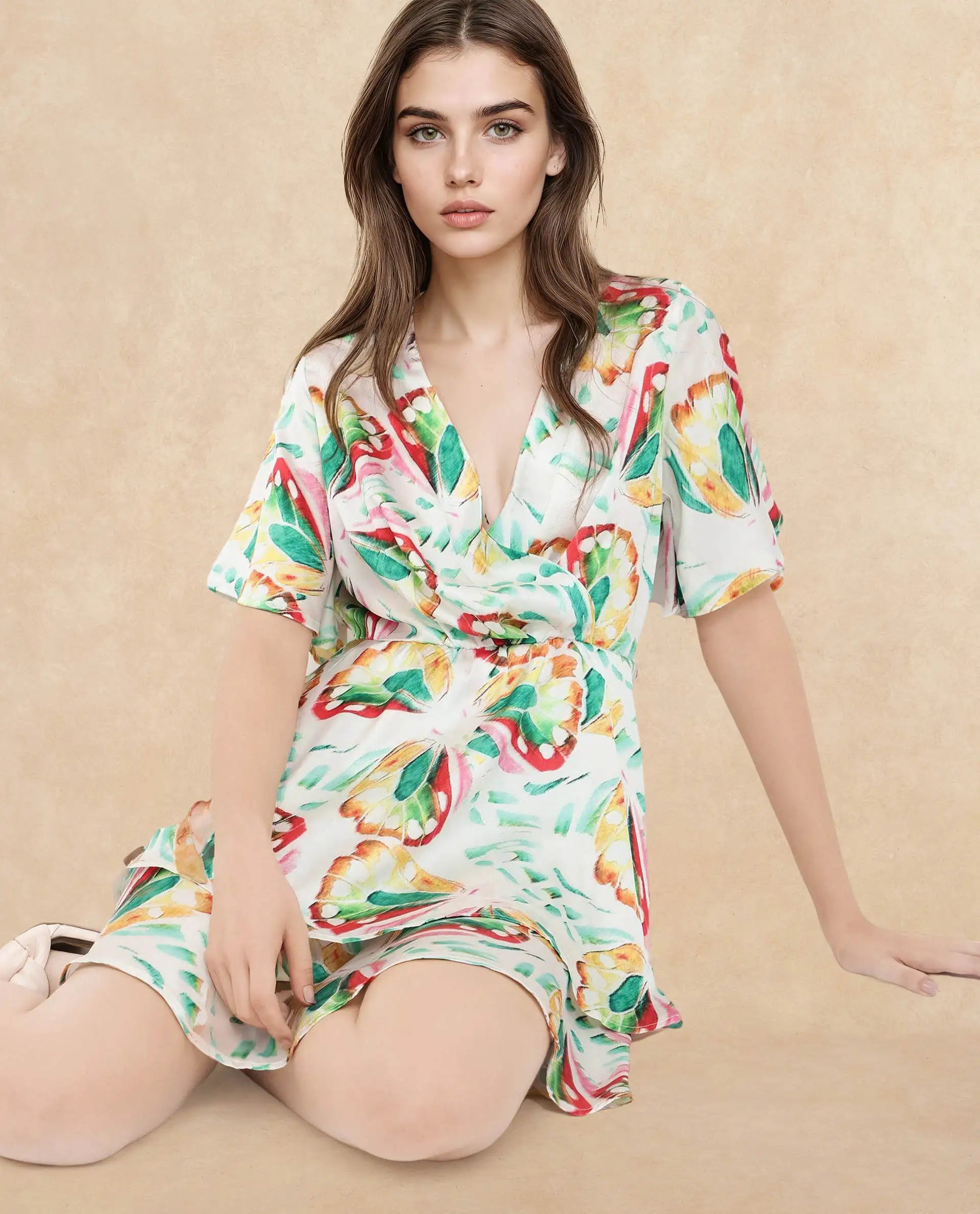 Rareism Women's Crelomi Light Multi  Overlap Neck Button Closure Half Sleeve Floral Print Fit And Flare Mini Dress