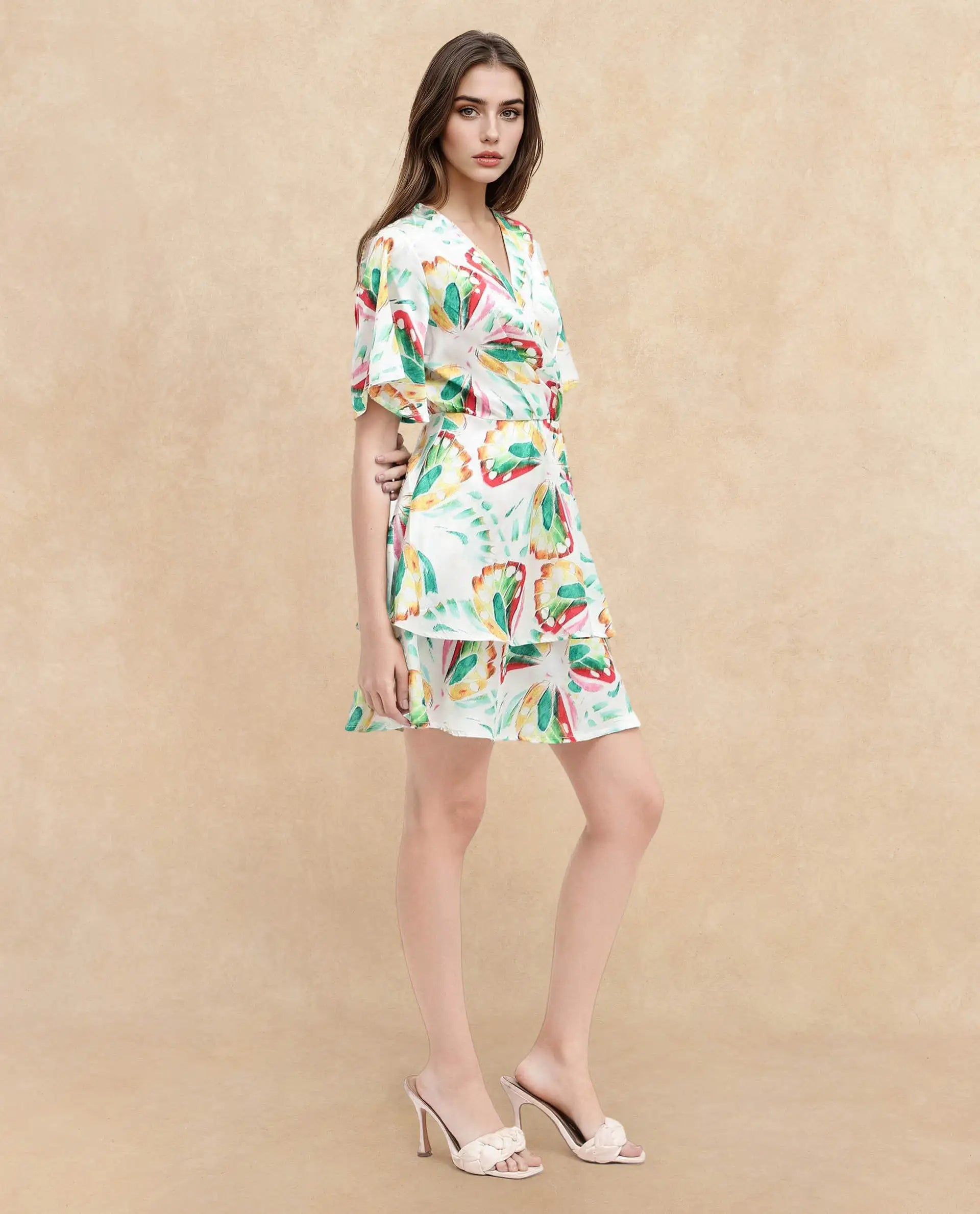 Rareism Women's Crelomi Light Multi  Overlap Neck Button Closure Half Sleeve Floral Print Fit And Flare Mini Dress