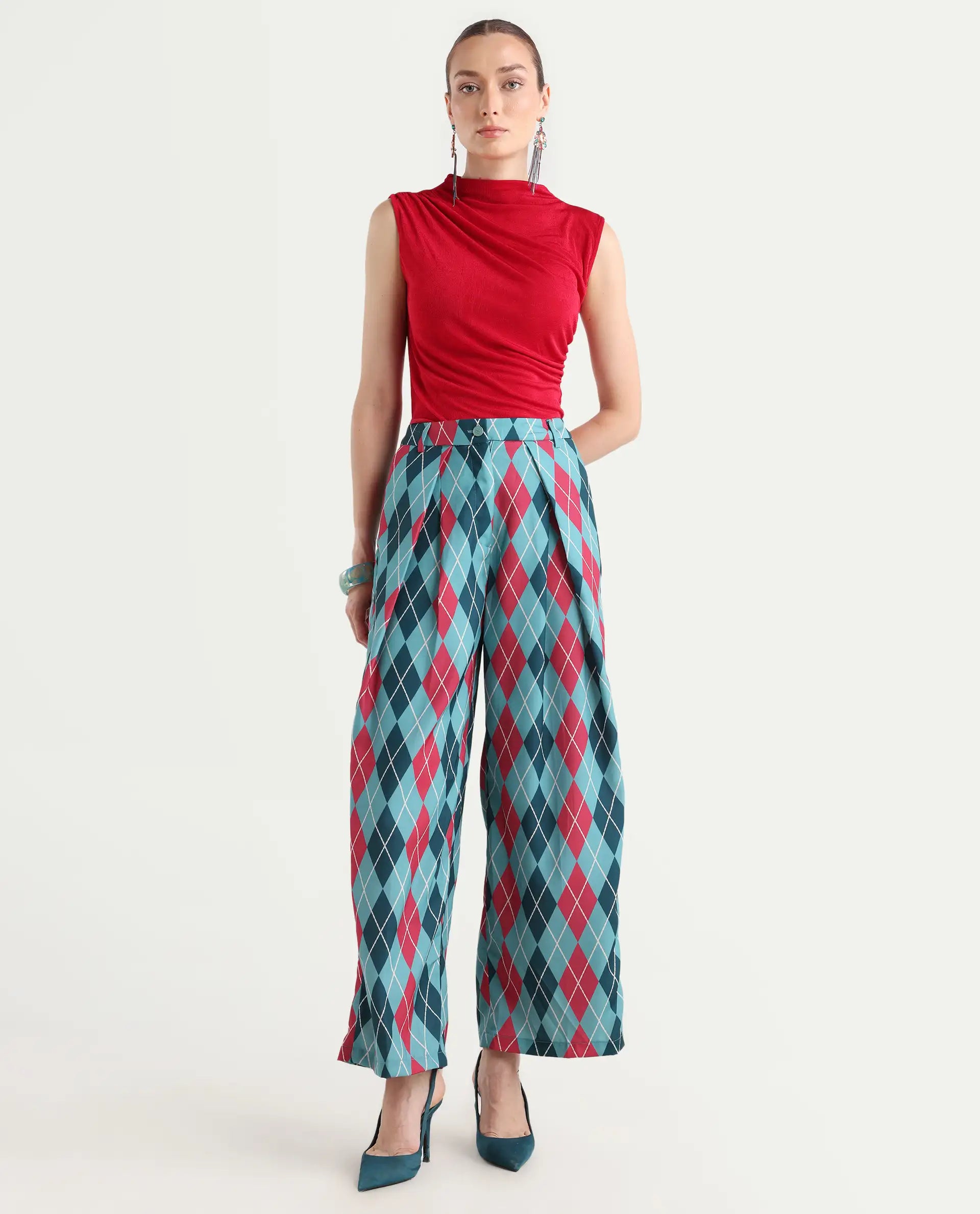 Rareism Women's Creman Multi Polyester Blend Geometric Print Ankle Length Wide Trouser