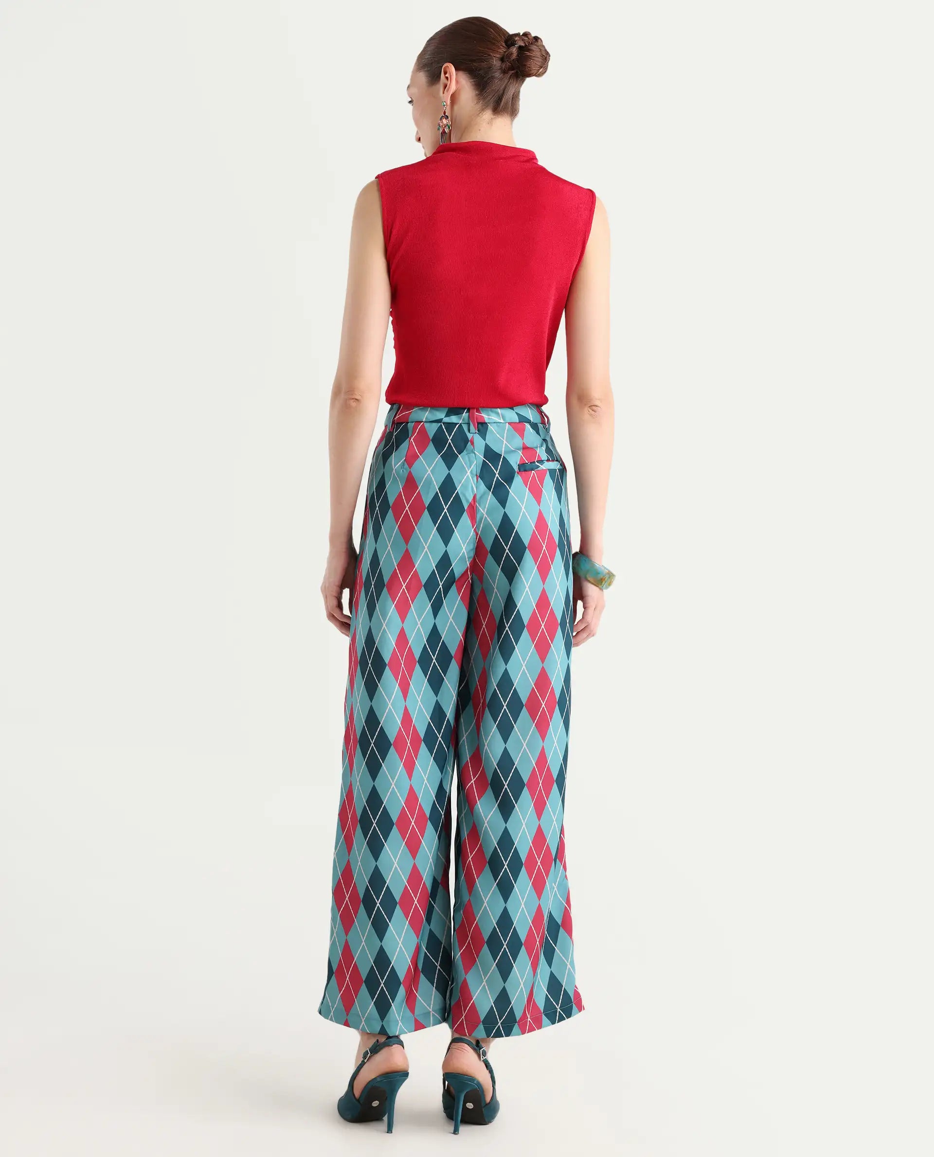 Rareism Women's Creman Multi Polyester Blend Geometric Print Ankle Length Wide Trouser