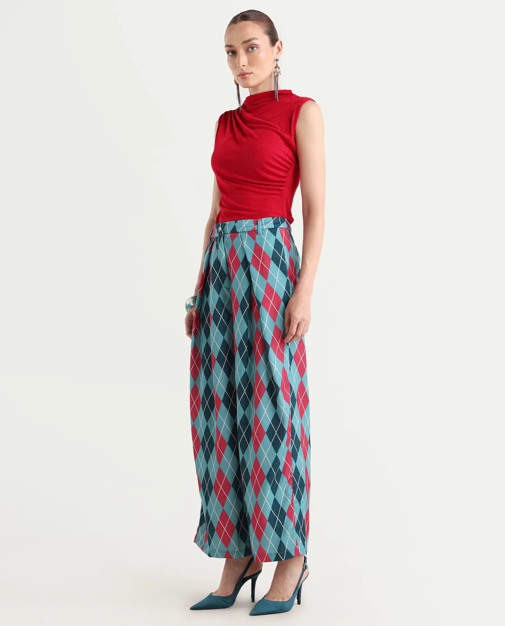 Rareism Women's Creman Multi Polyester Blend Geometric Print Ankle Length Wide Trouser