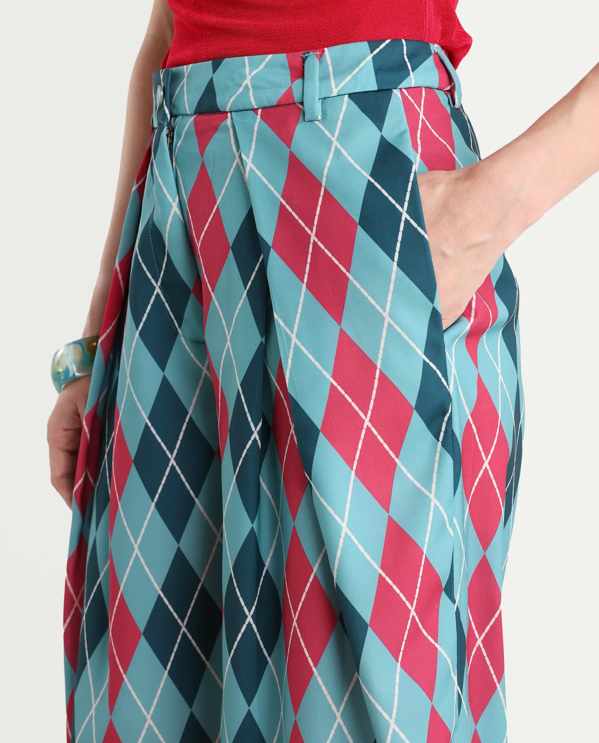 Rareism Women's Creman Multi Polyester Blend Geometric Print Ankle Length Wide Trouser