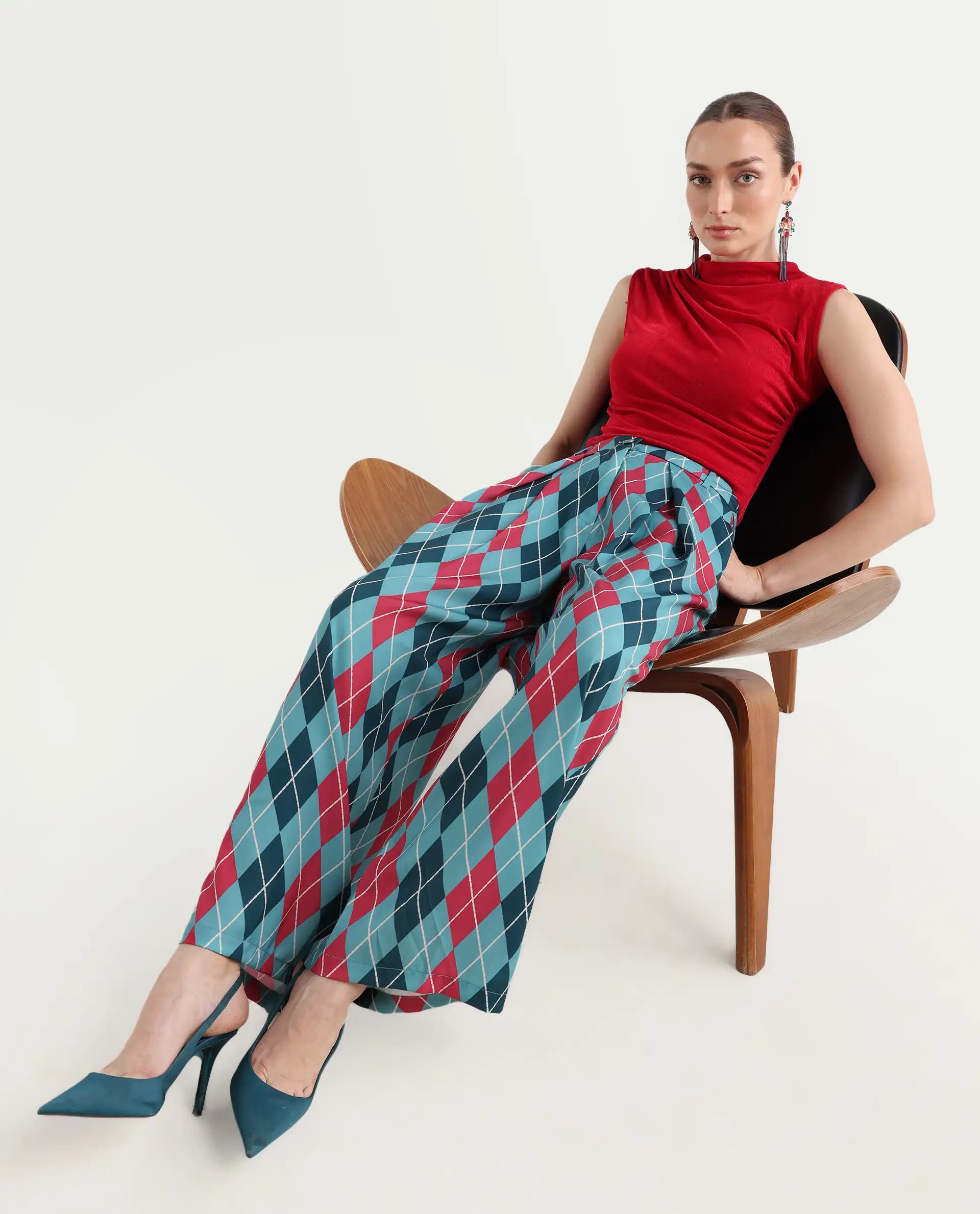 Rareism Women's Creman Multi Polyester Blend Geometric Print Ankle Length Wide Trouser