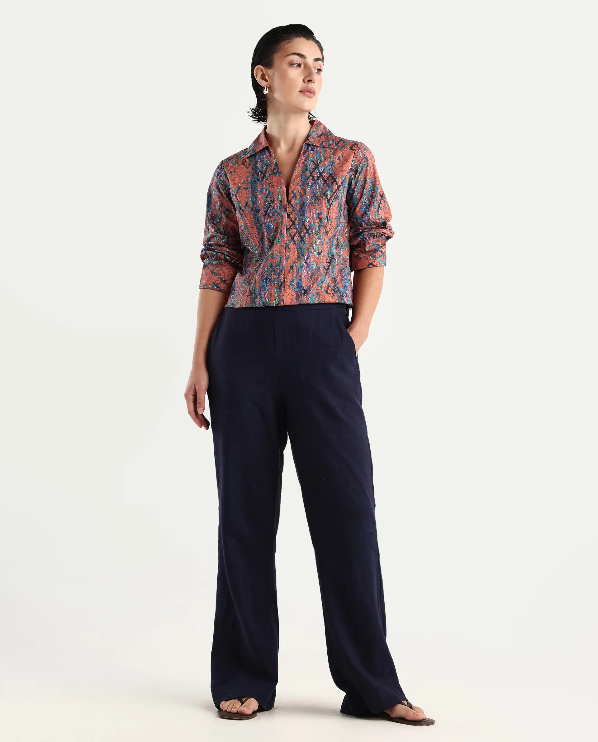 Rareism Women's Cremona Multi Cotton Johnny Collar Abstract Print Cuffed Sleeve Regular Fit Top