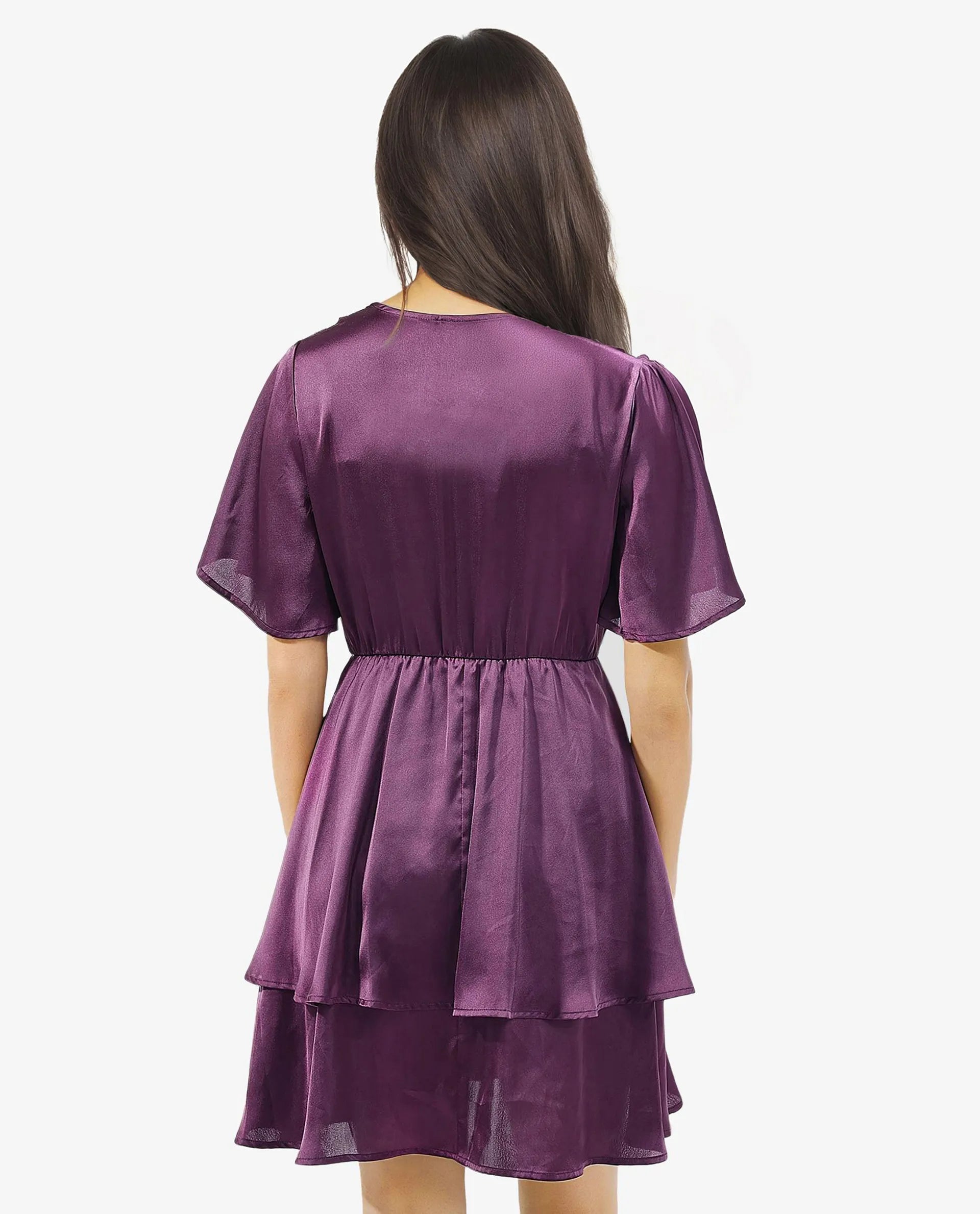 Rareism Women's Creola-SC Dark Purple Polyester Fabric Overlap Neck  Half Sleeve Plain Fit And Flare Mini Dress