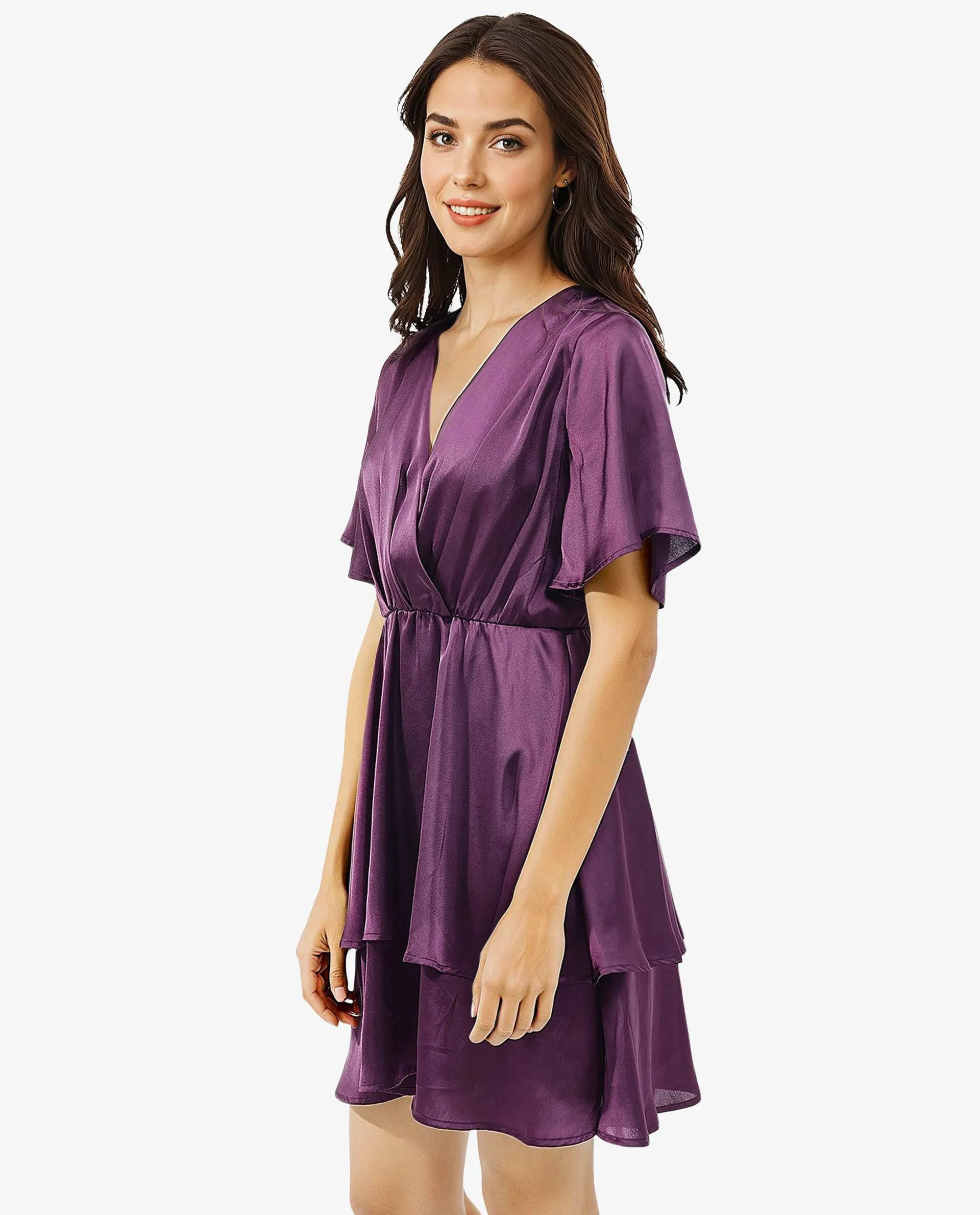 Rareism Women's Creola-SC Dark Purple Polyester Fabric Overlap Neck  Half Sleeve Plain Fit And Flare Mini Dress