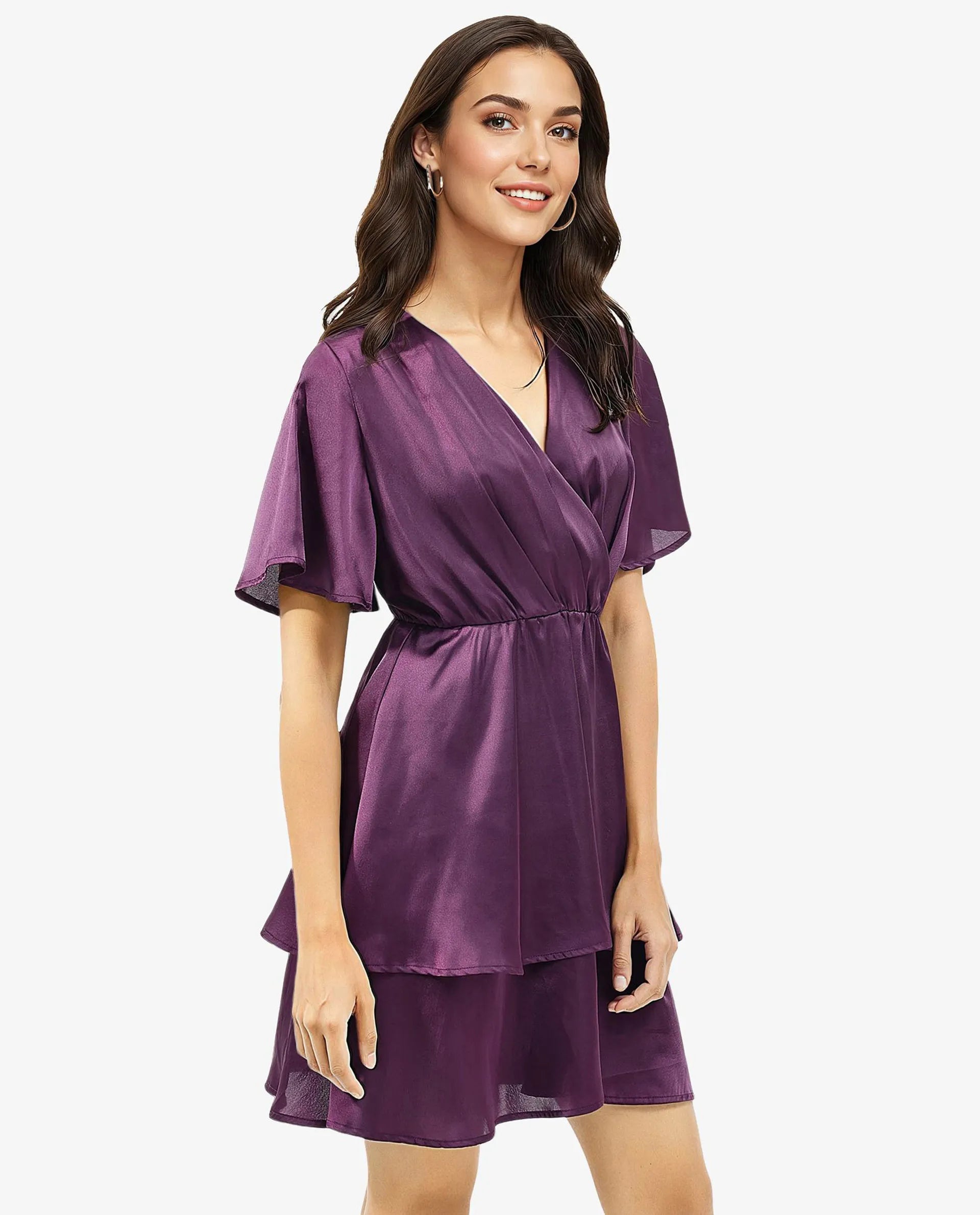 Rareism Women's Creola-SC Dark Purple Polyester Fabric Overlap Neck  Half Sleeve Plain Fit And Flare Mini Dress