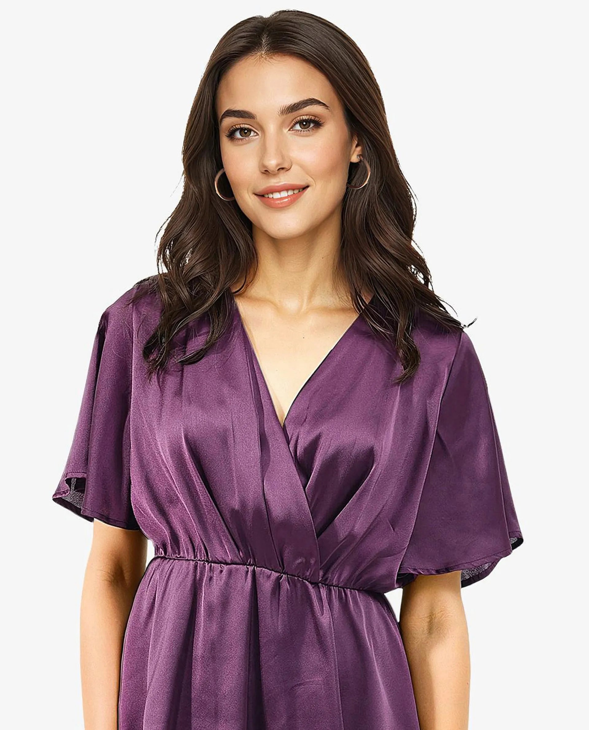 Rareism Women's Creola-SC Dark Purple Polyester Fabric Overlap Neck  Half Sleeve Plain Fit And Flare Mini Dress