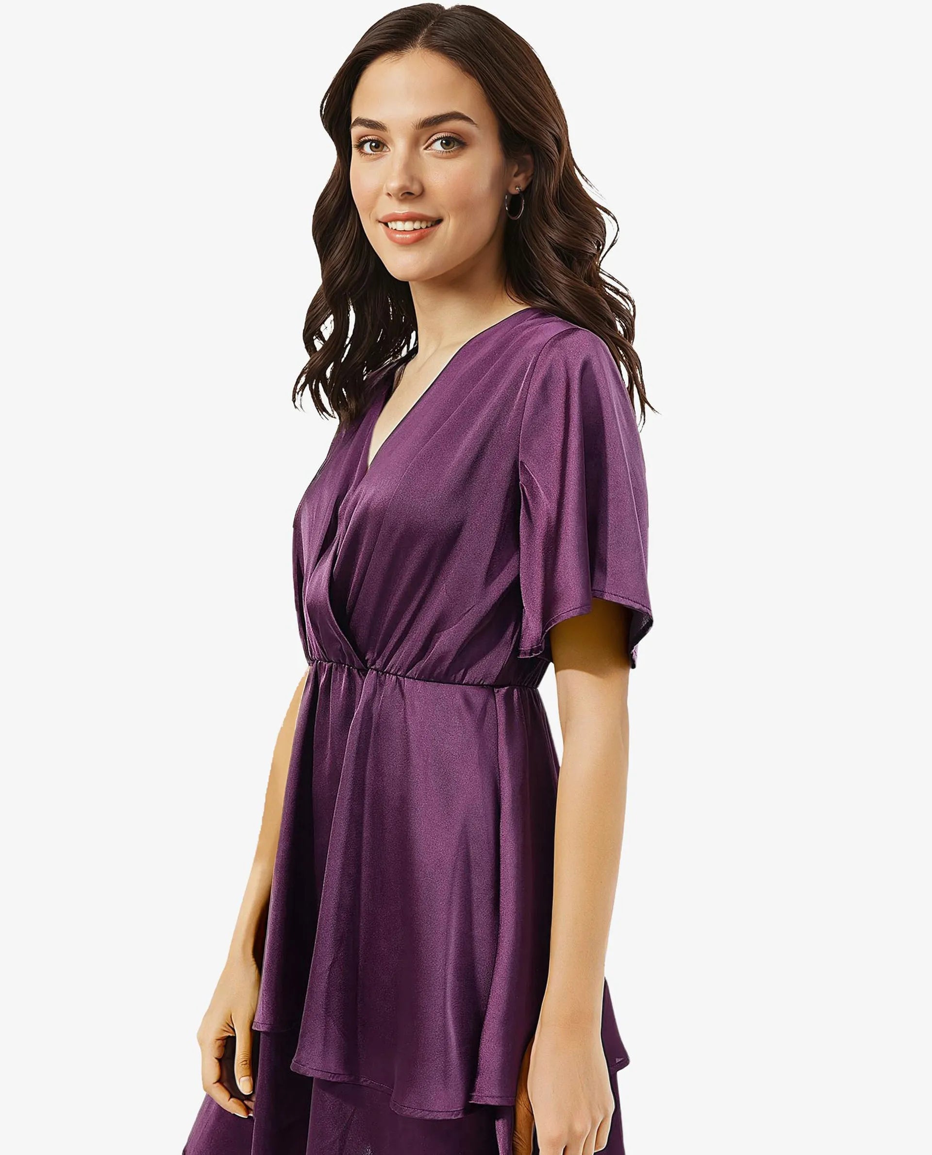 Rareism Women's Creola-SC Dark Purple Polyester Fabric Overlap Neck  Half Sleeve Plain Fit And Flare Mini Dress