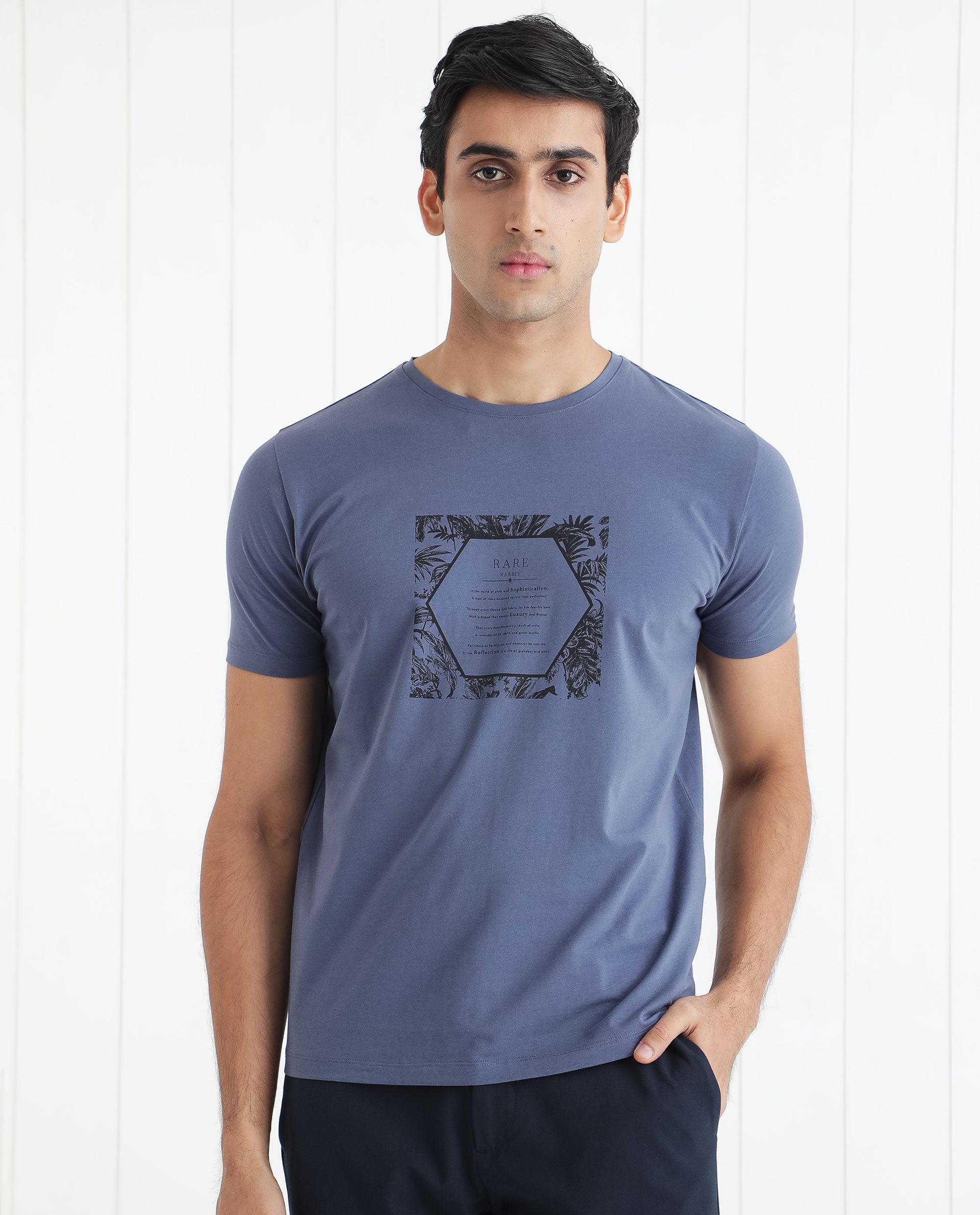 Rare Rabbit Men's Creswen Blue Crew Neck Half Sleeves Regular Fit Tropical Print With Text T-Shirt