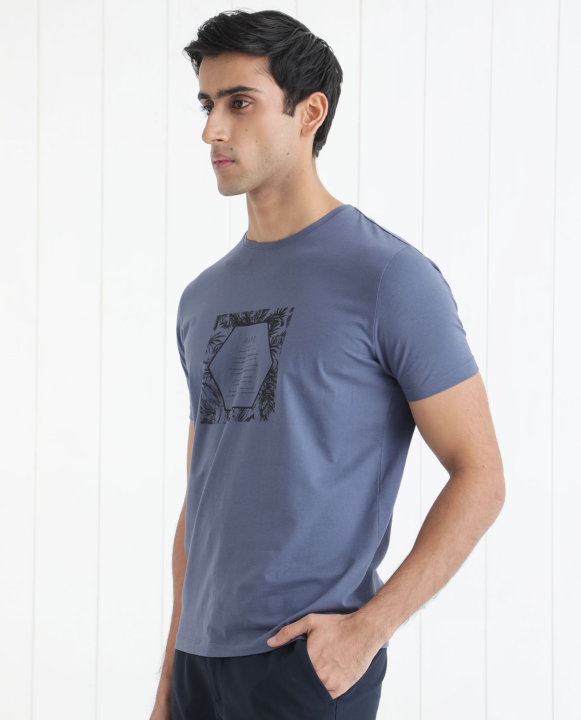 Rare Rabbit Men's Creswen Blue Crew Neck Half Sleeves Regular Fit Tropical Print With Text T-Shirt