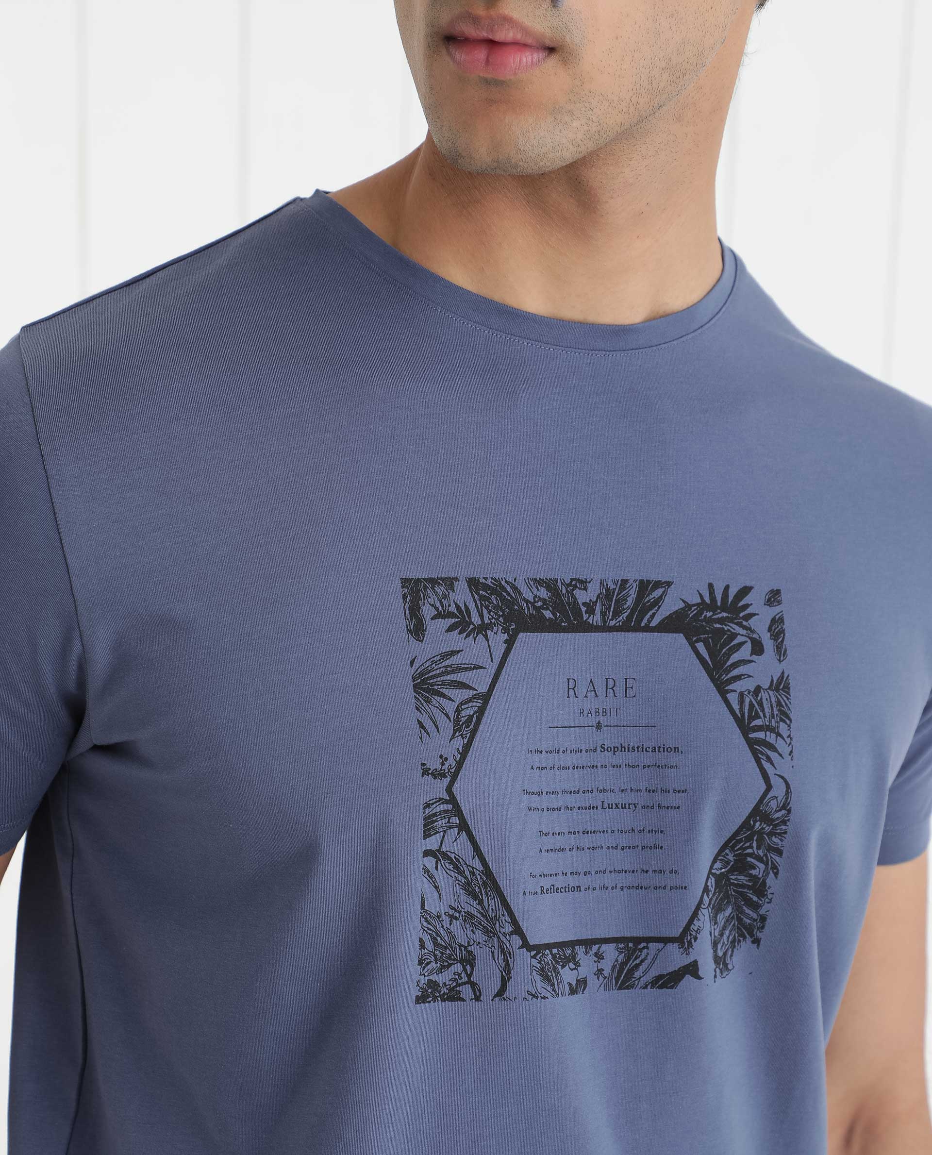 Rare Rabbit Men's Creswen Blue Crew Neck Half Sleeves Regular Fit Tropical Print With Text T-Shirt