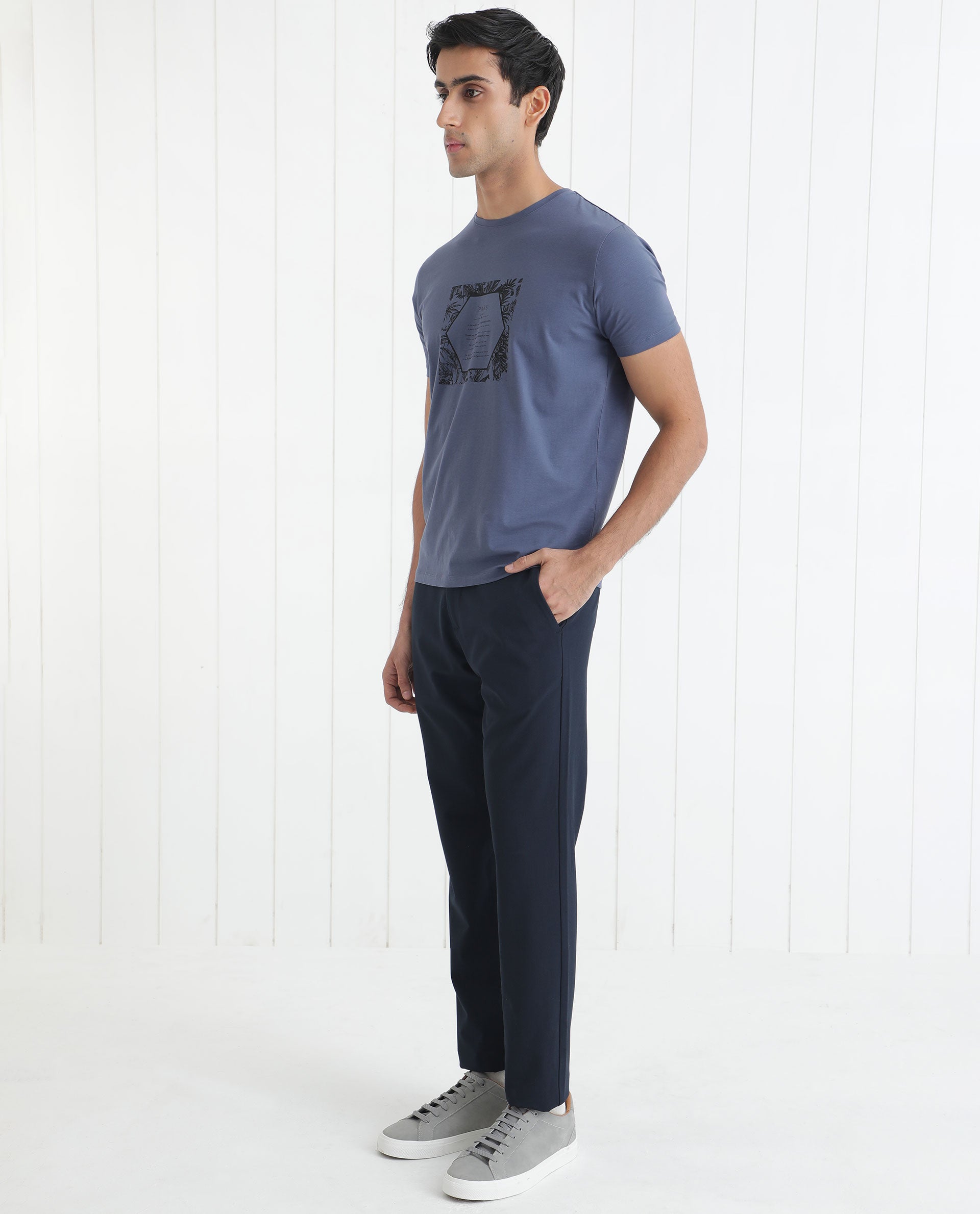 Rare Rabbit Men's Creswen Blue Crew Neck Half Sleeves Regular Fit Tropical Print With Text T-Shirt